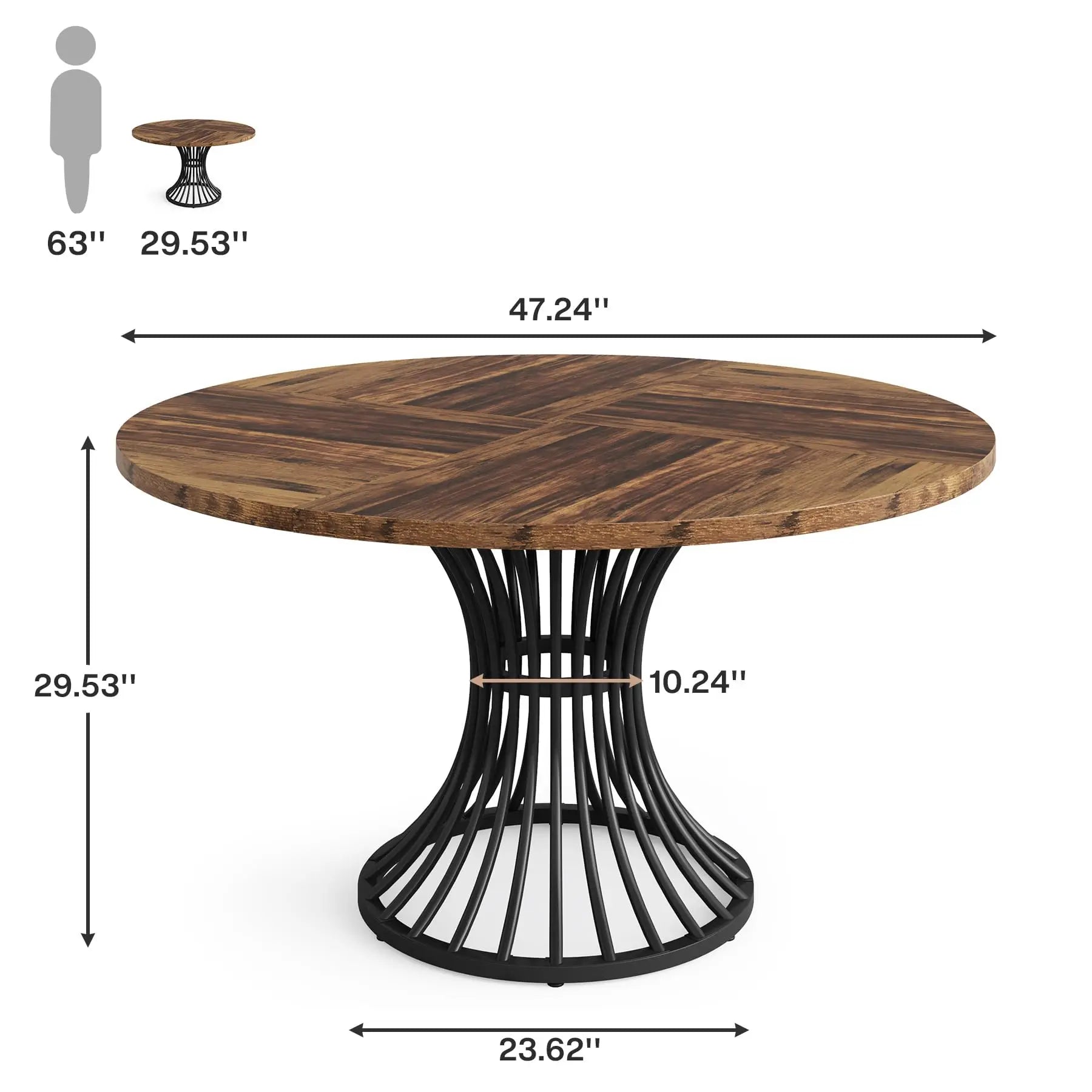 Walnut Round Dining Table with Sculptural Metal Pedestal for 4-6 — 47in