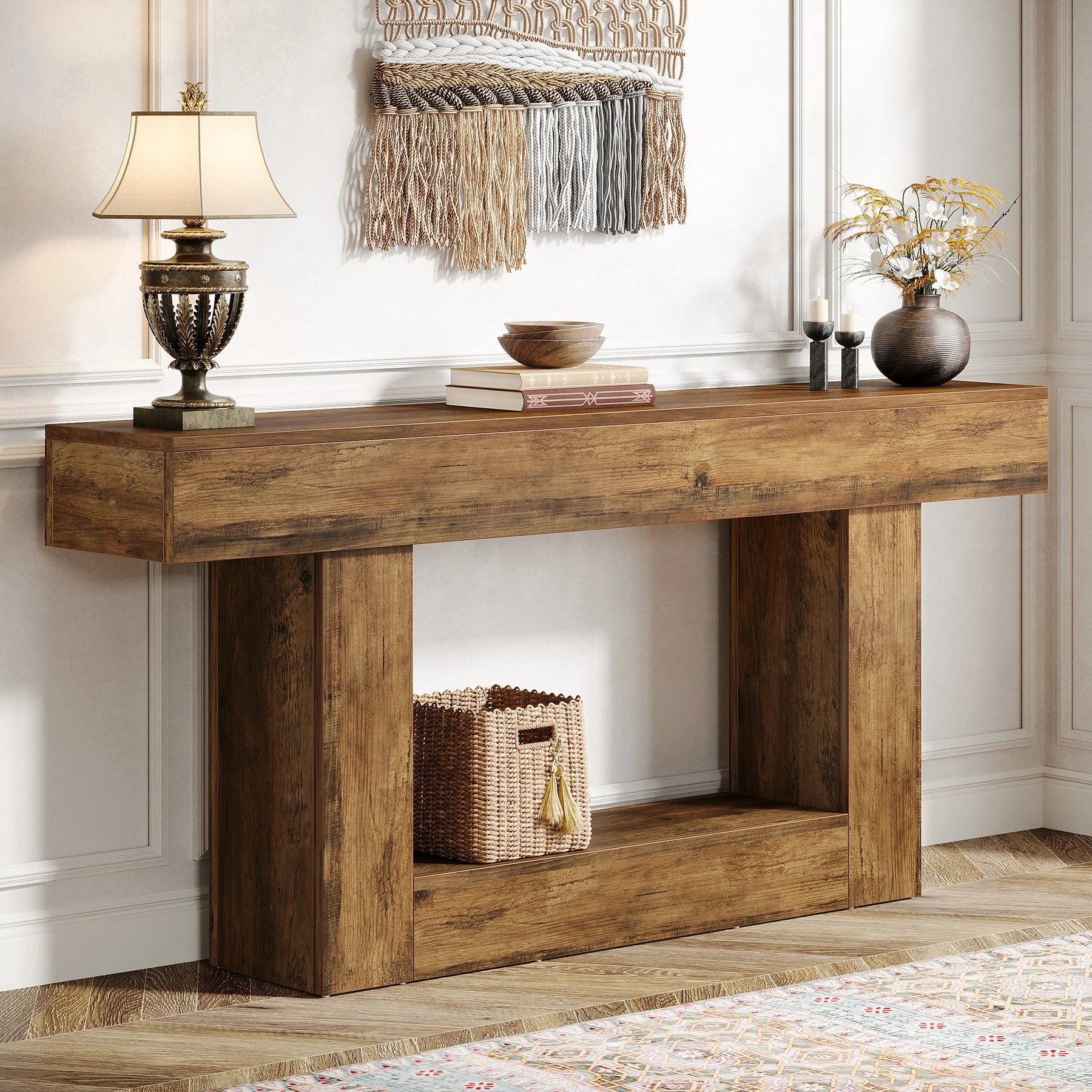 Two-Tone Farmhouse Console Table with Lower Shelf for Entryway — 63"