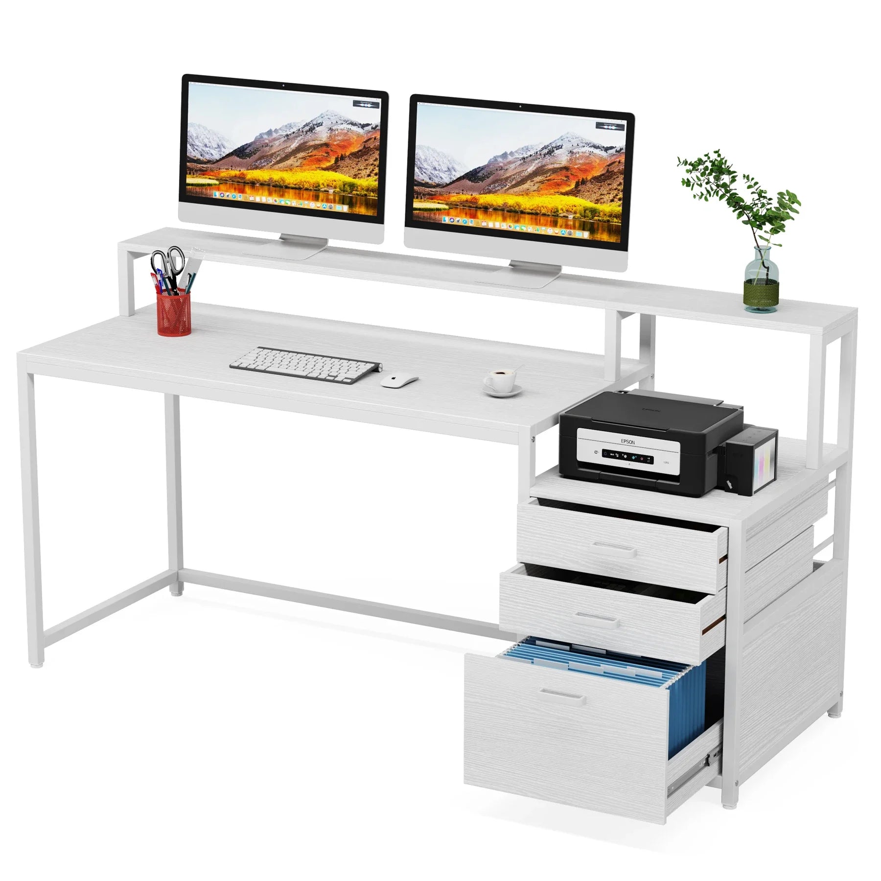 Industrial Computer Desk with File Drawer Cabinet and Monitor Stand for Home Office — 63"