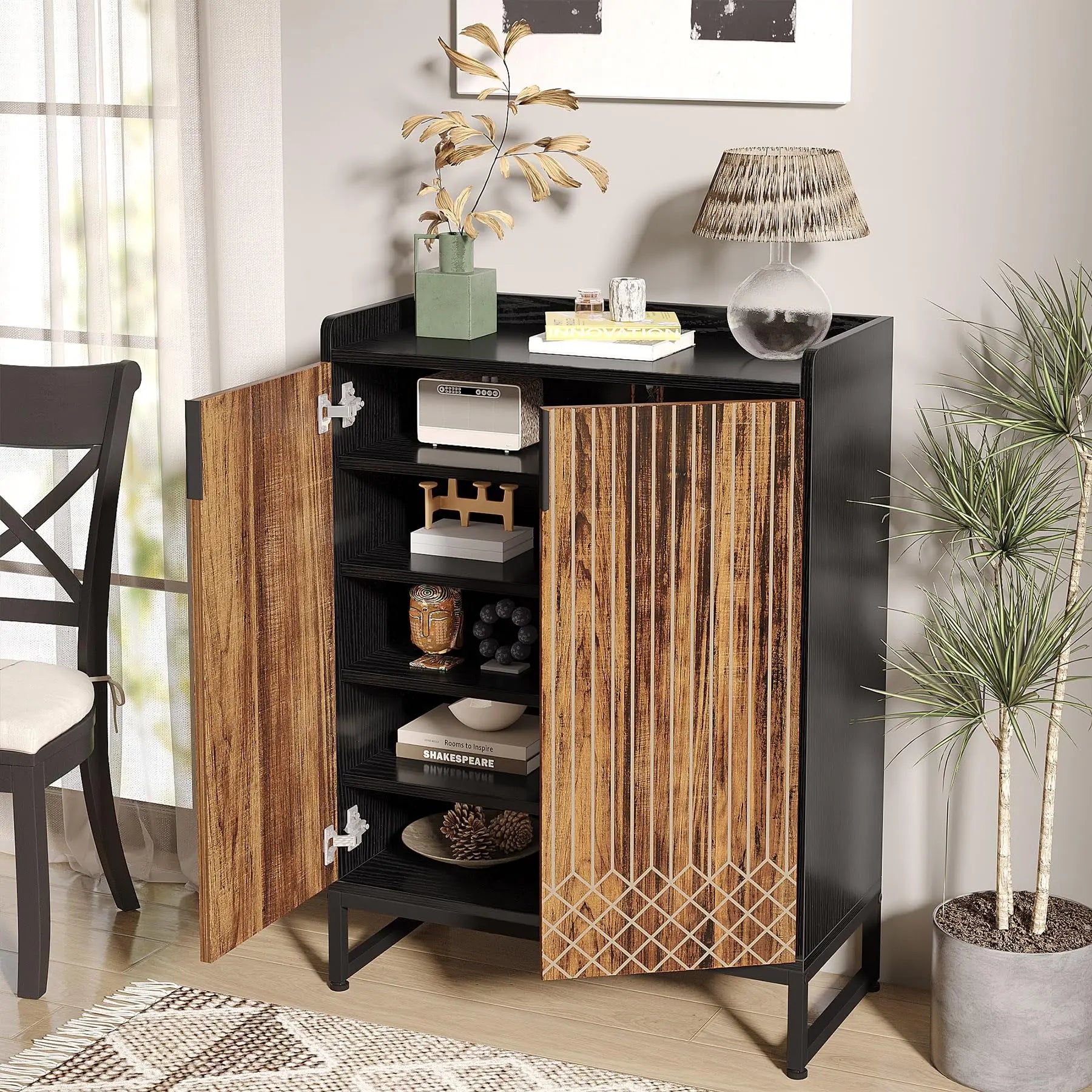 White Gold-Accent Shoe Cabinet with Doors for Entryway — 5-Tier Storage