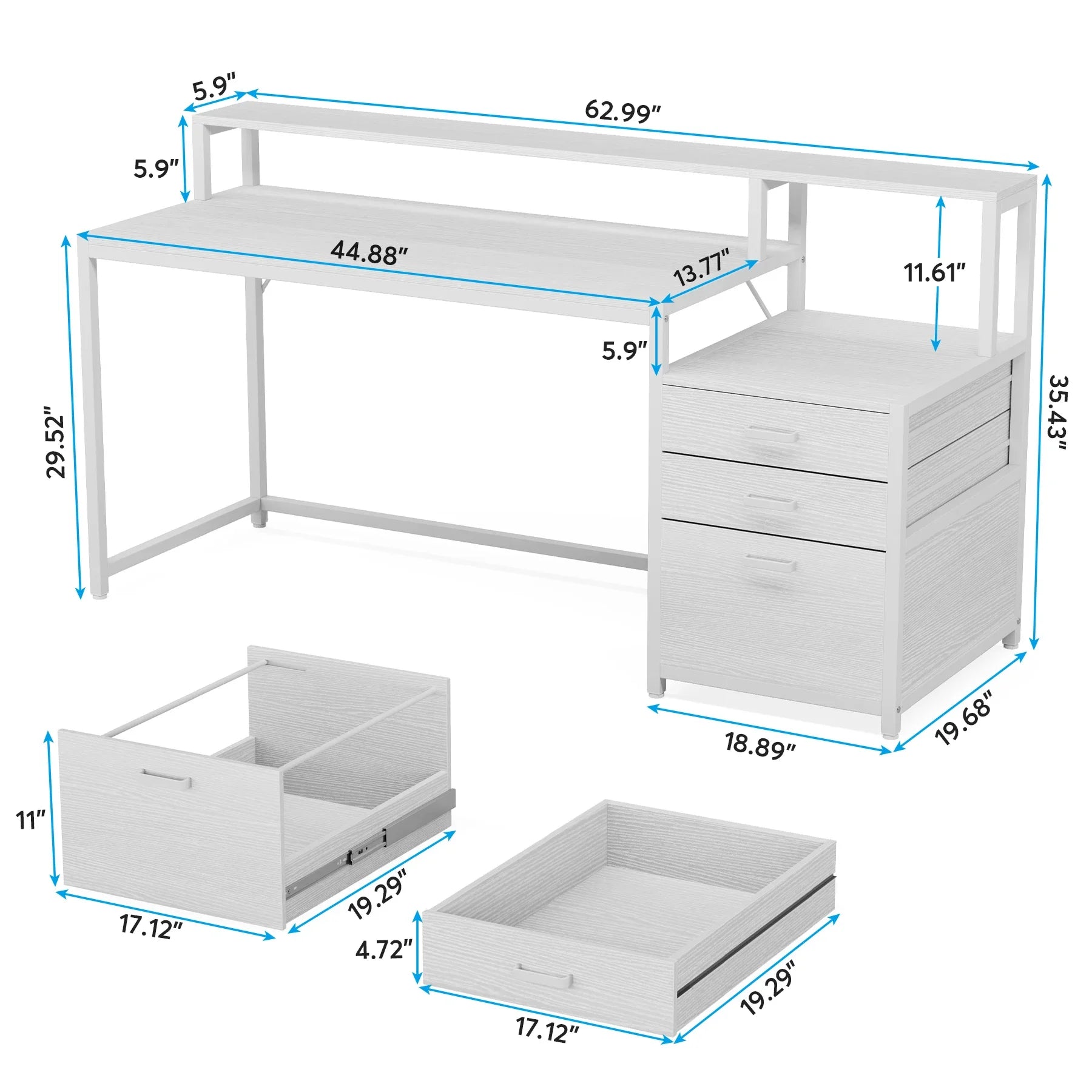 Industrial Computer Desk with File Drawer Cabinet and Monitor Stand for Home Office — 63"