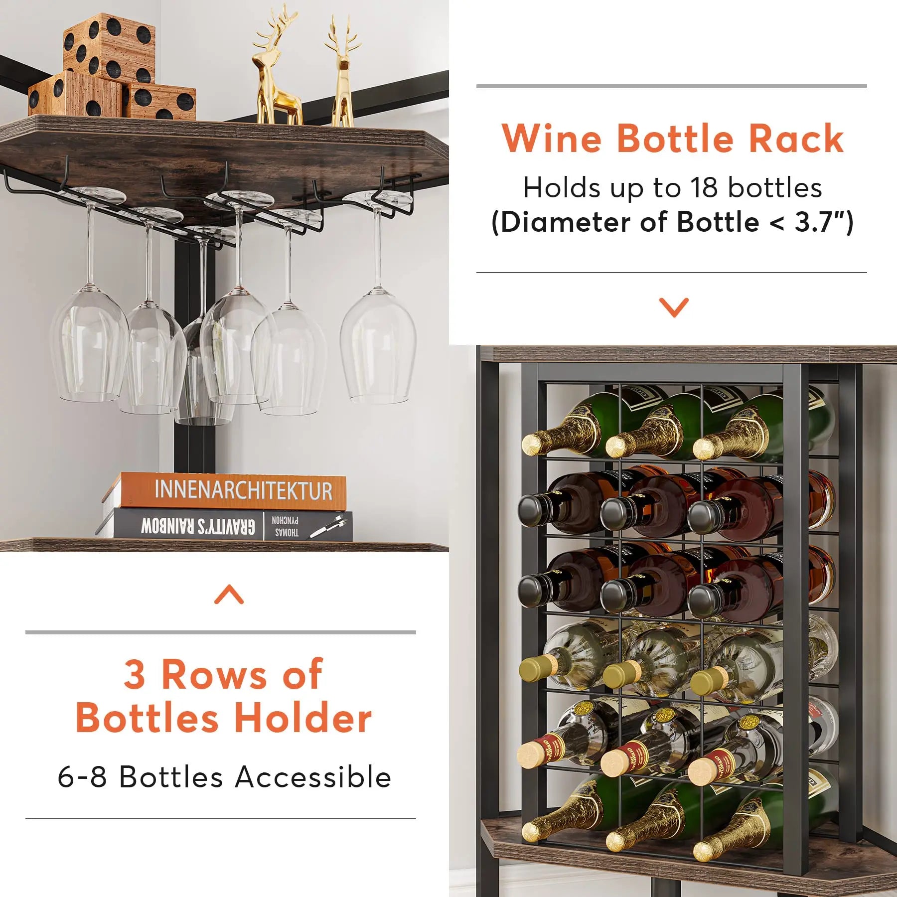 Rustic Corner Wine Rack Bar Cabinet with Glass Holder for Living Room — 63" Tall, 4-Tier