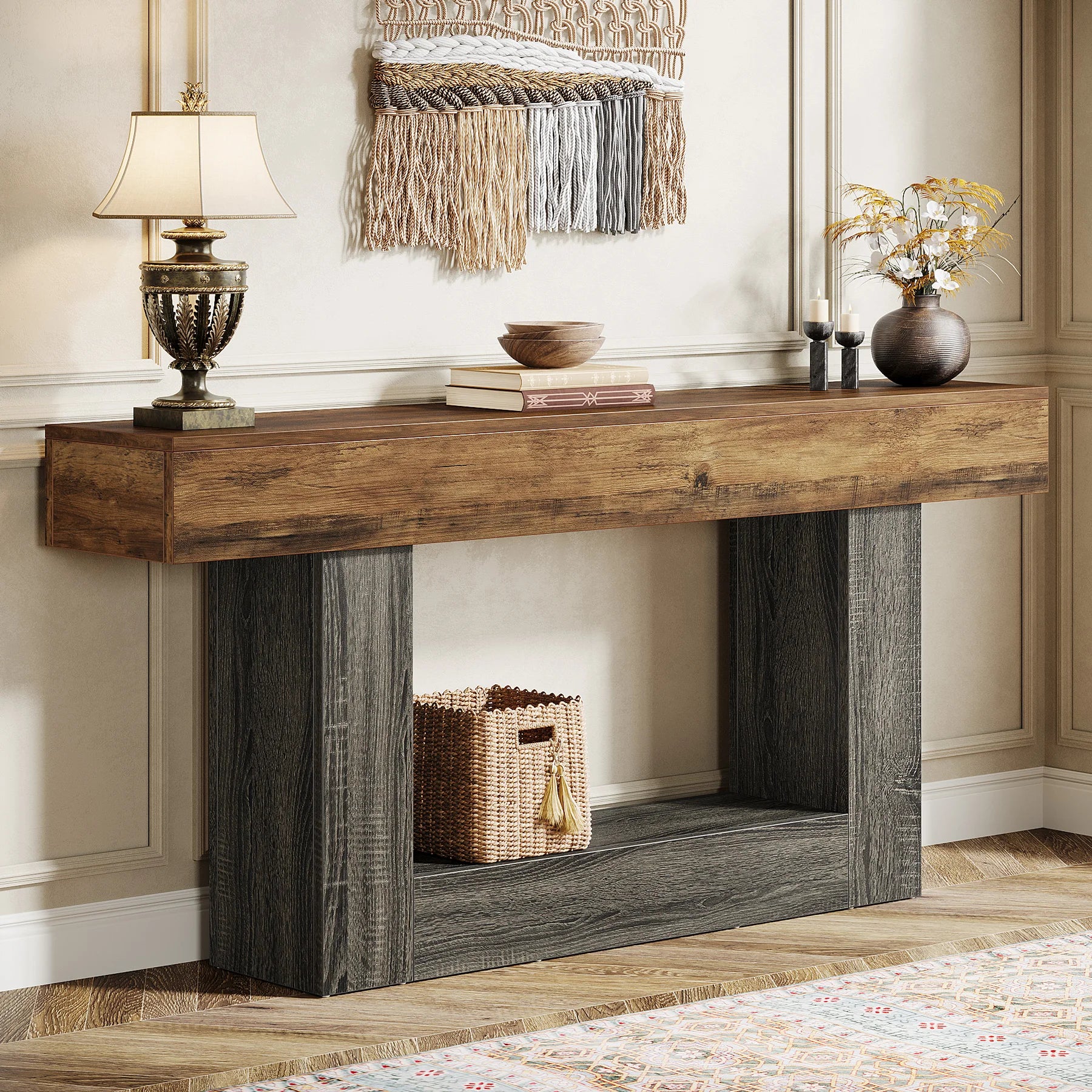 Two-Tone Farmhouse Console Table with Lower Shelf for Entryway — 63"