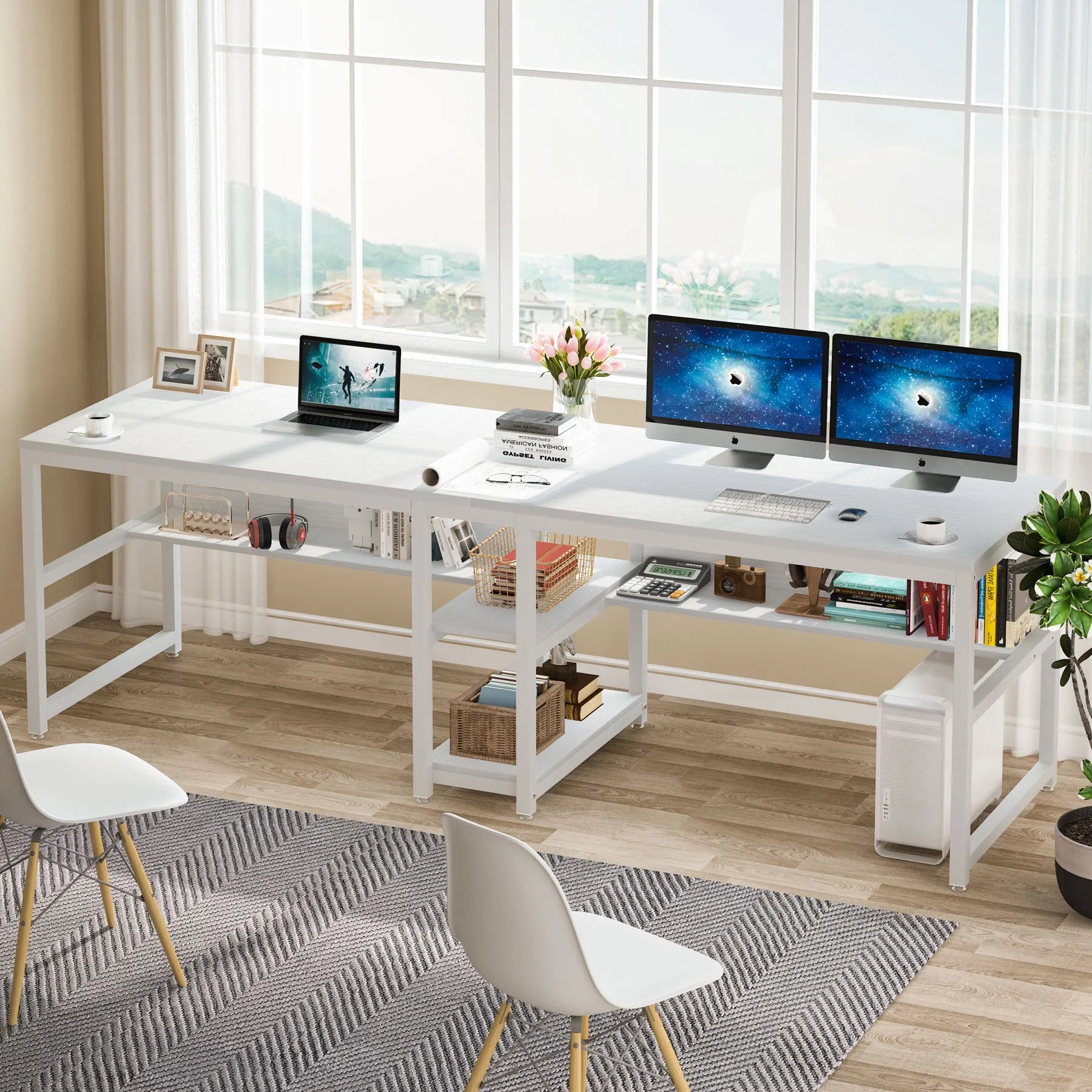 Rustic Two-Person Desk with Bookshelf for Home Office — 78.7in Double Workstation