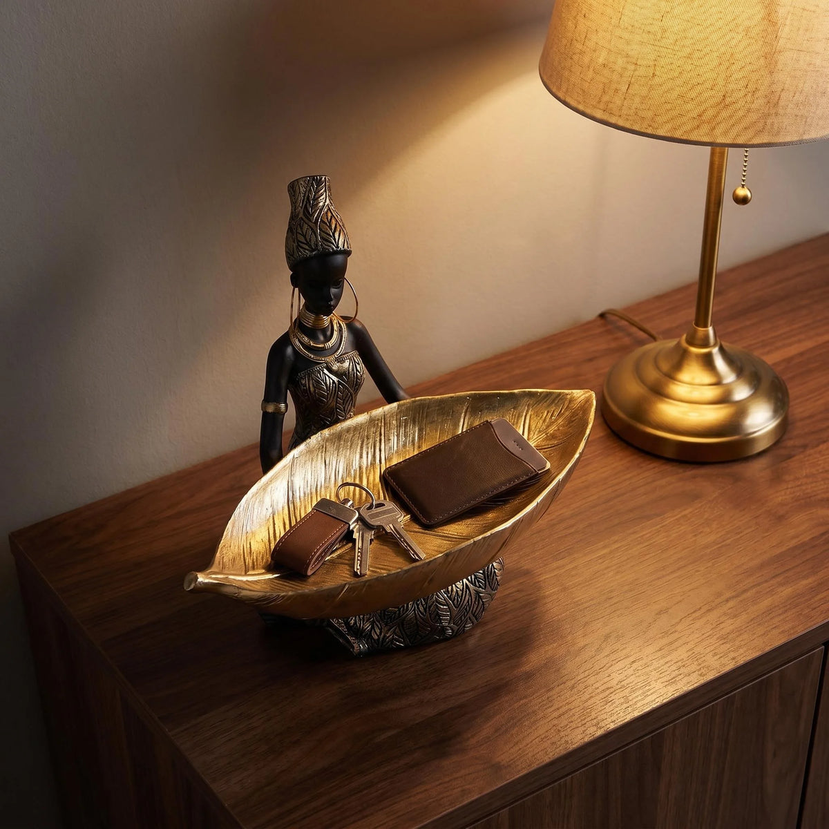 Resin Figurine, African Girl with Storage Tray, Black and Gold