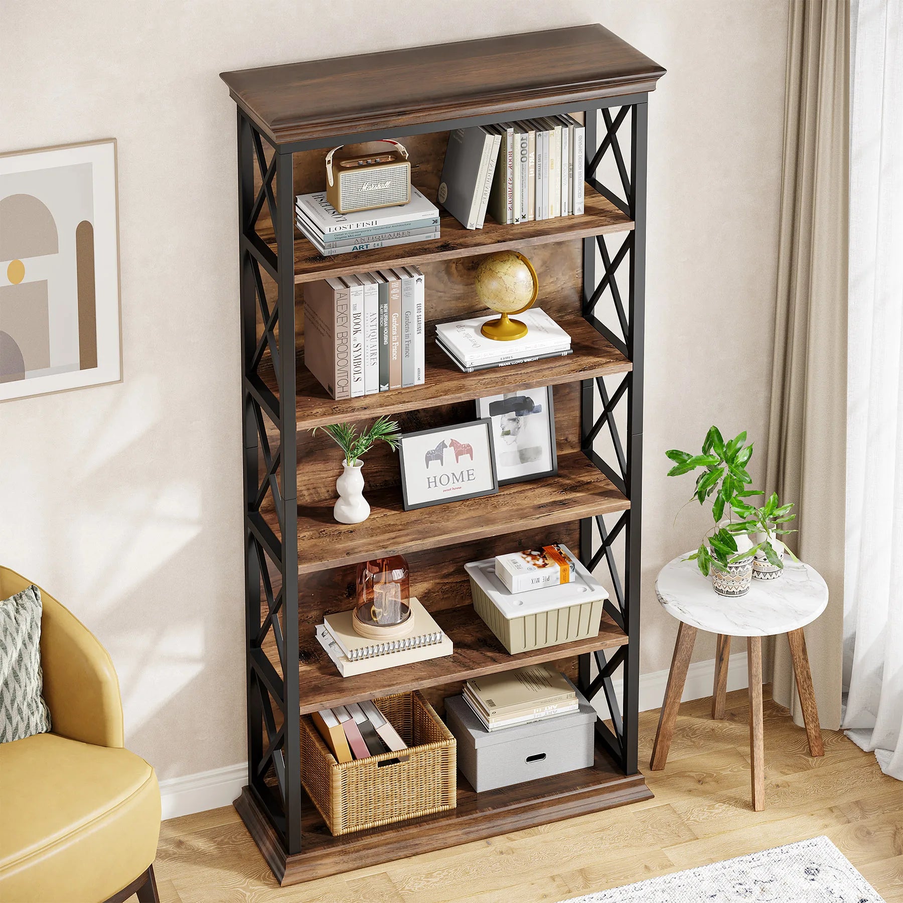 Industrial 6-Tier Bookcase with X-Frame for Living Room — 71in Tall Open Bookshelf