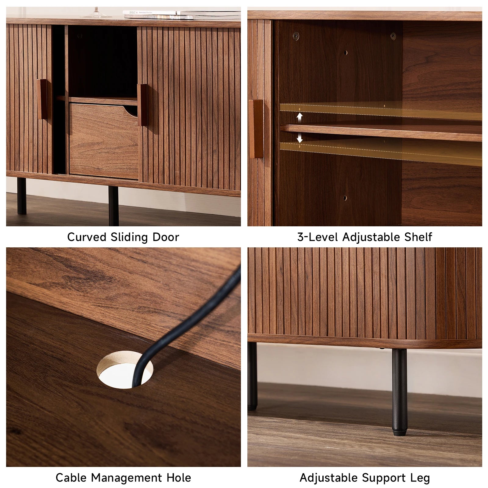 Mid-Century TV Stand for 80" TV — Fluted Walnut Media Console with Storage & Sliding Doors