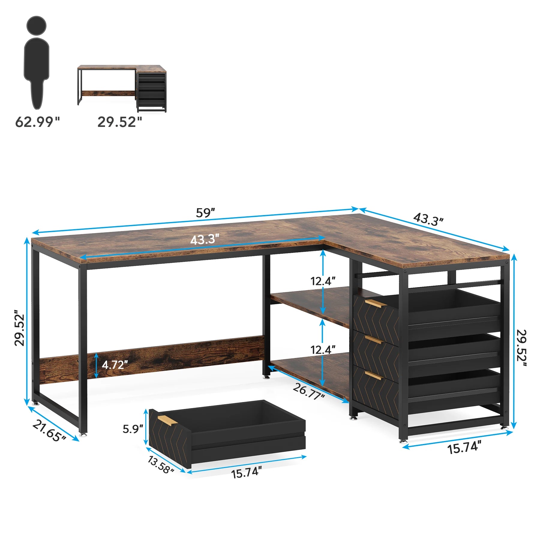 Rustic Wood L-Shaped Desk with Storage Drawers and Shelves for Home Office — 59in Reversible Corner Desk