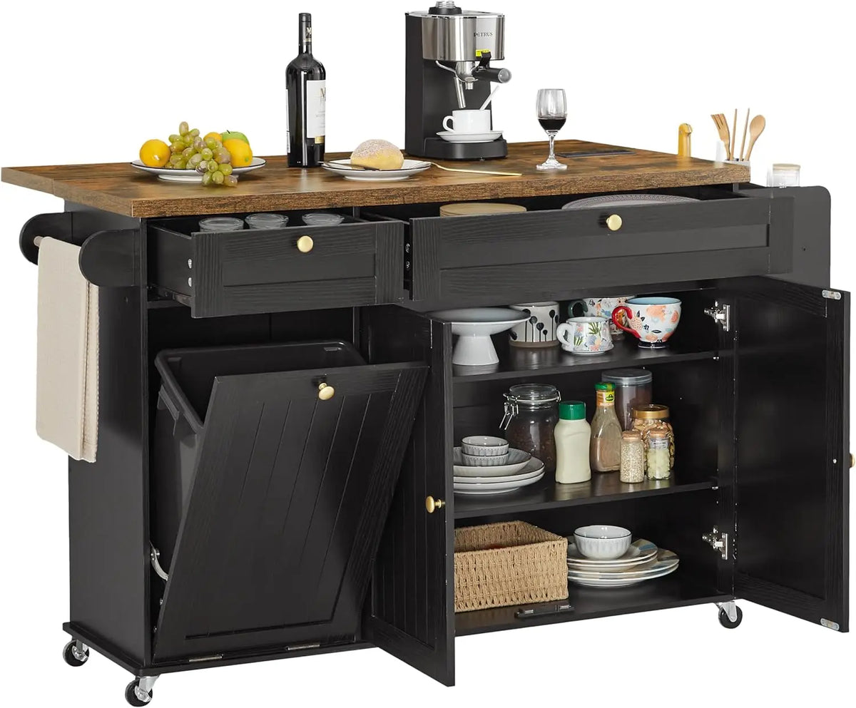 Rolling Kitchen Island, 60" Drop Leaf Cart with Power Outlet