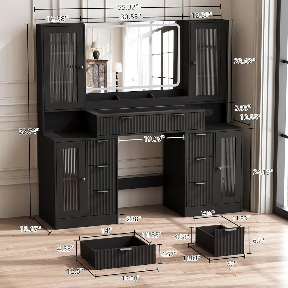 LED Makeup Vanity Desk with Mirror & Charging Station — 8 Drawers, Glass Cabinets, Matte Black