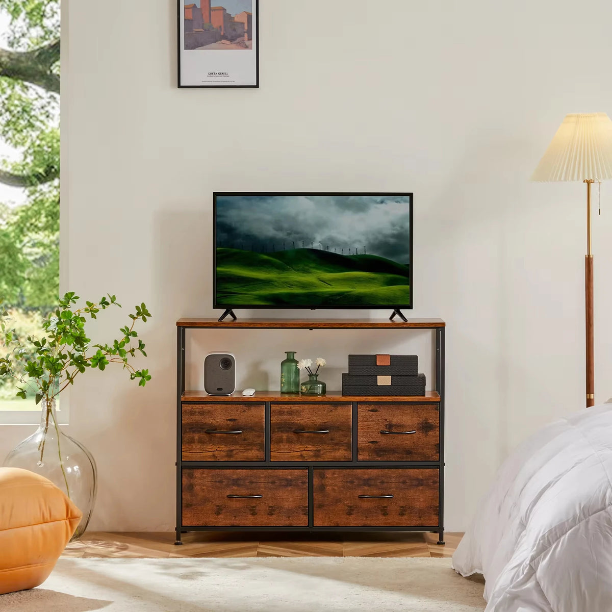 Fireplace TV Stand Dresser For Bedroom With 5 Fabric Drawers Storage Closet Chest