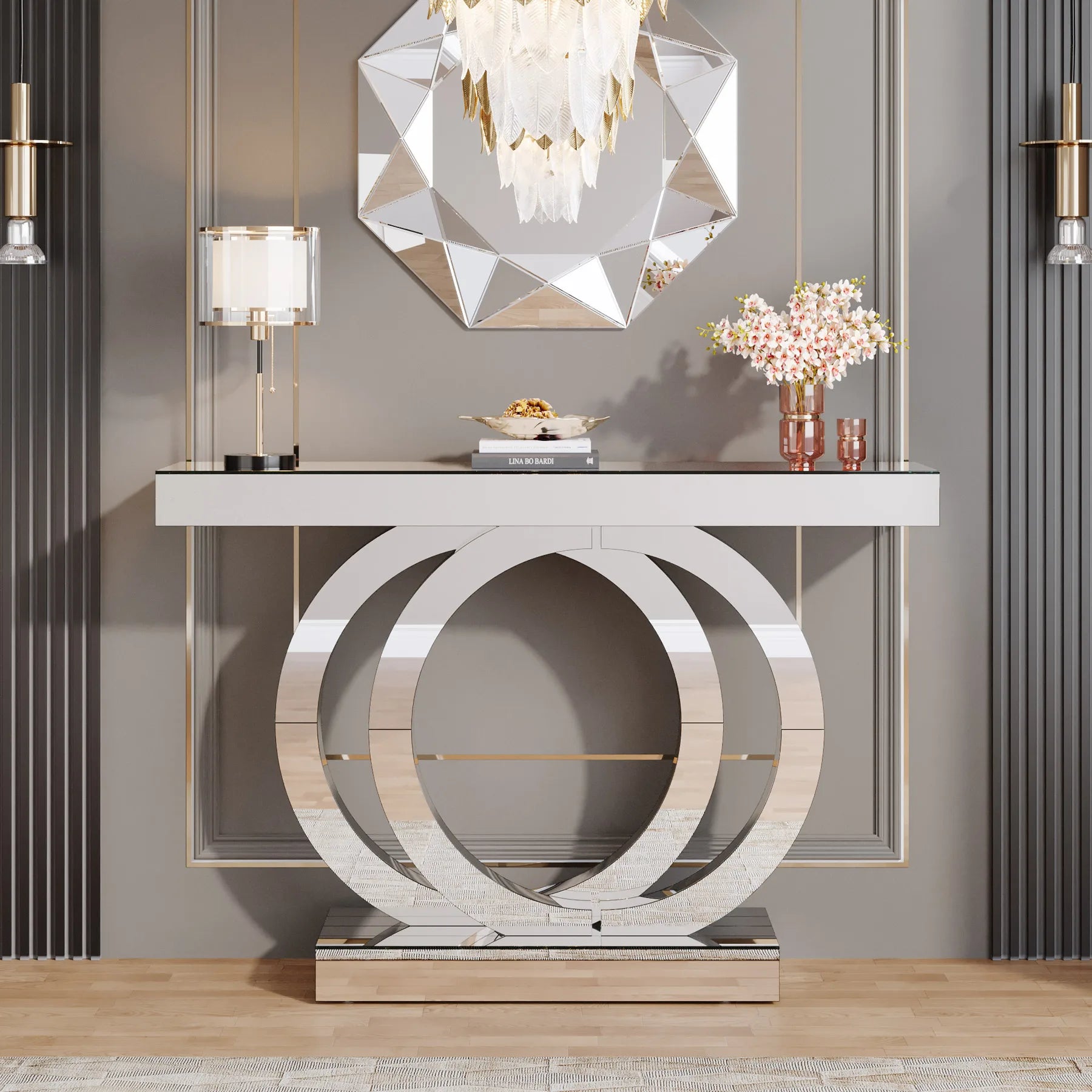 Mirrored Console Table with Crystal Sparkle Finish for Entryway — 43" Wide