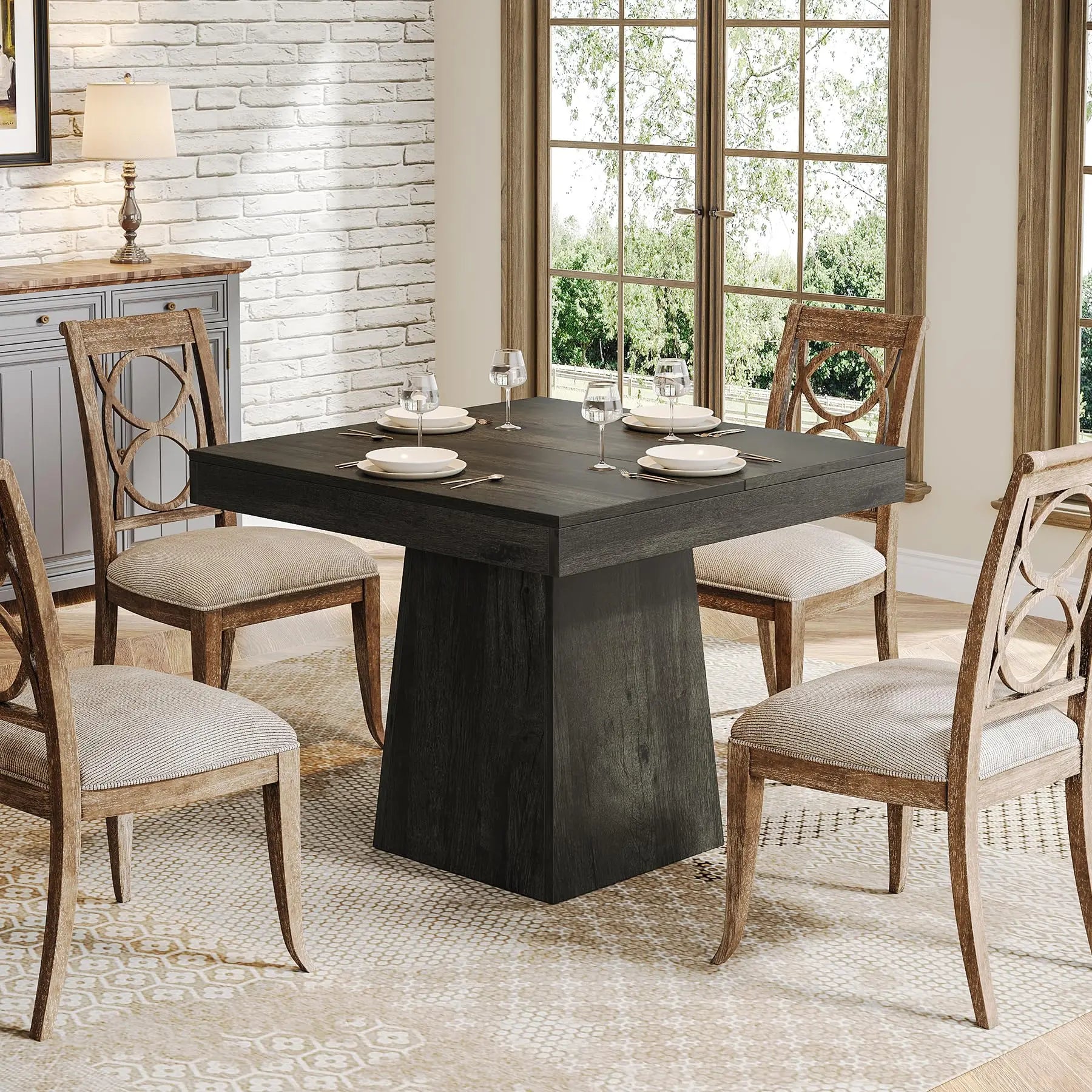 Farmhouse Square Dining Table with Pedestal Base for 4 — 31.5" Charcoal Wood