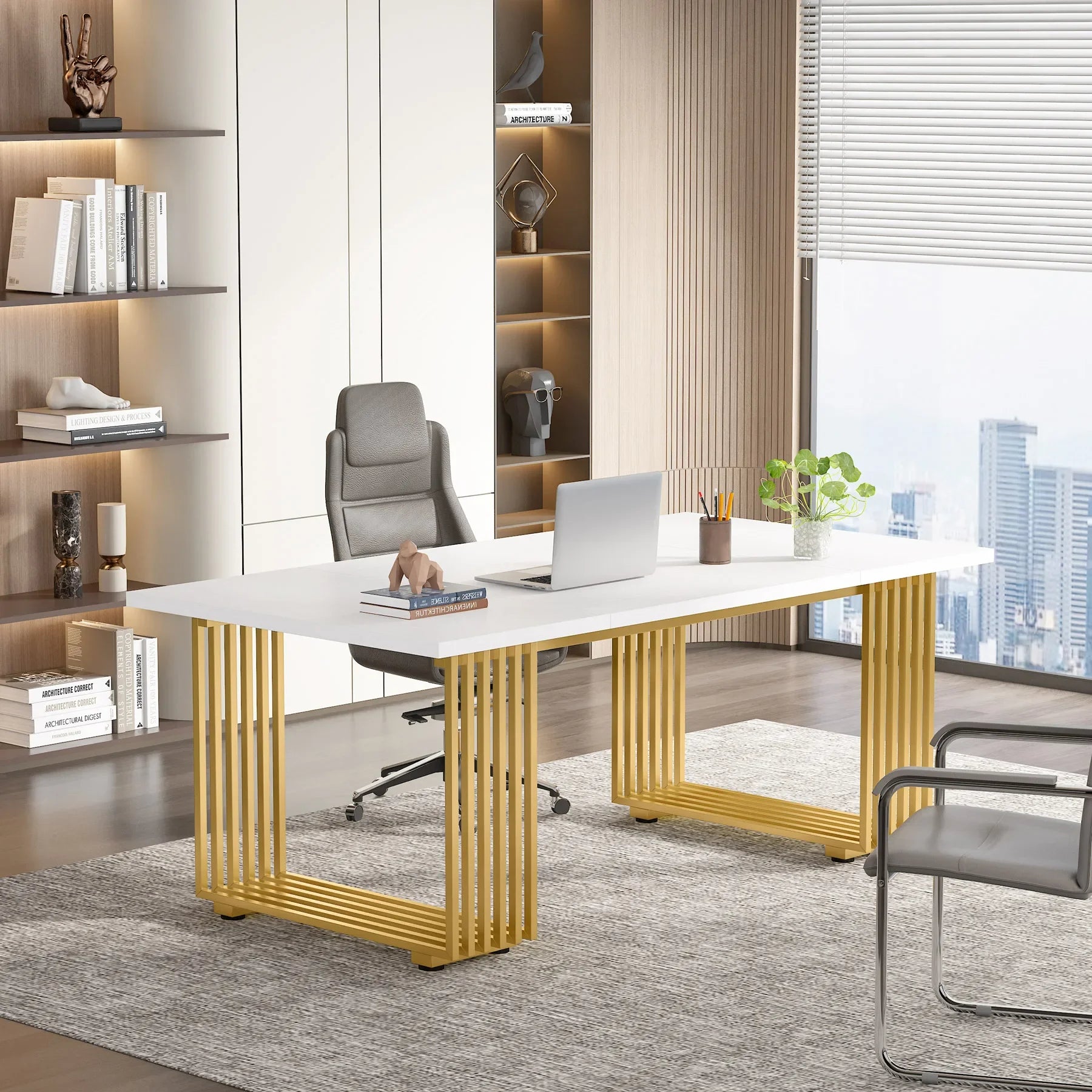 White Executive Desk with Gold Metal Legs for Home Office — 70.9"