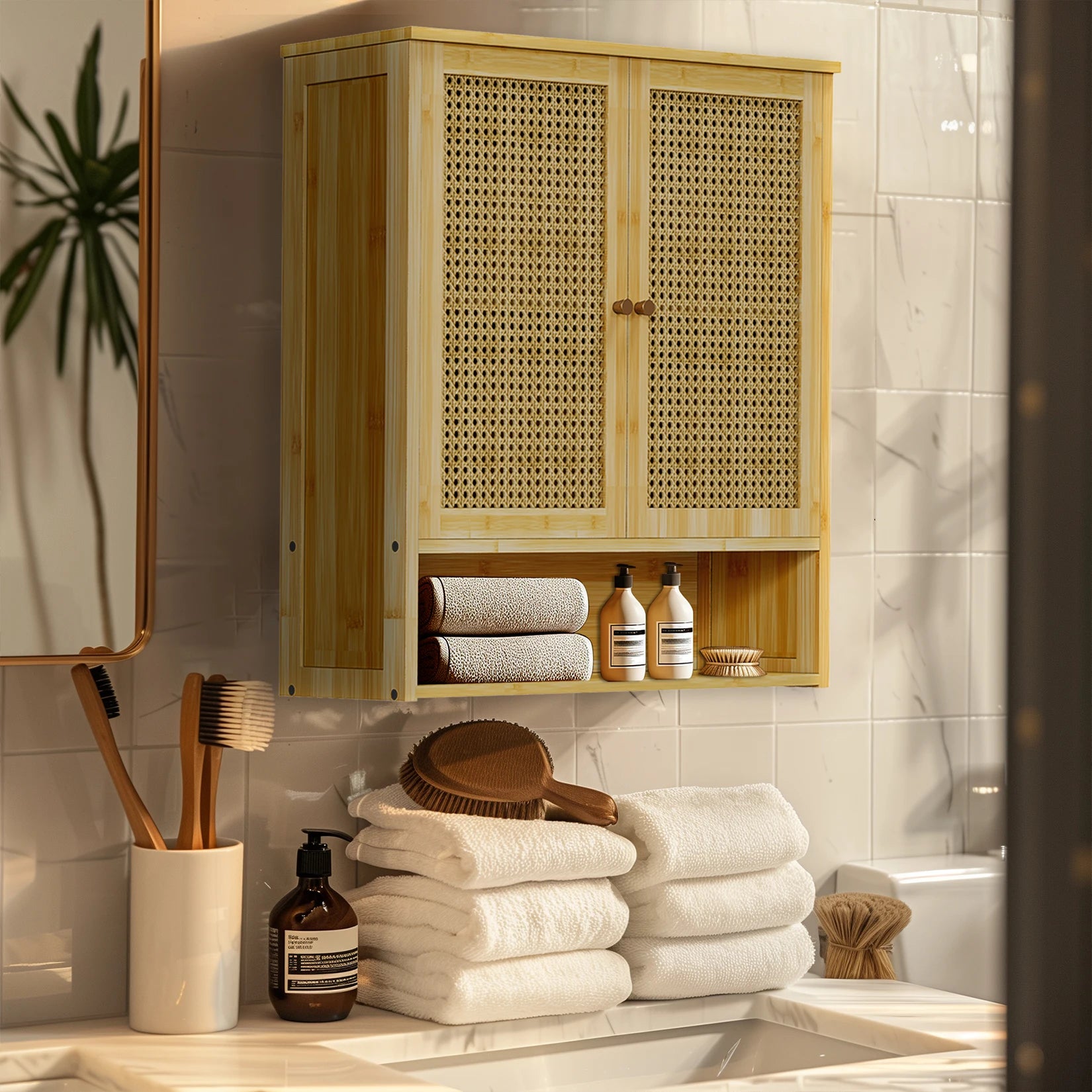 Natural Rattan Wall-Mounted Bathroom Cabinet with Cane Doors and Open Shelf for Bath — 23"H