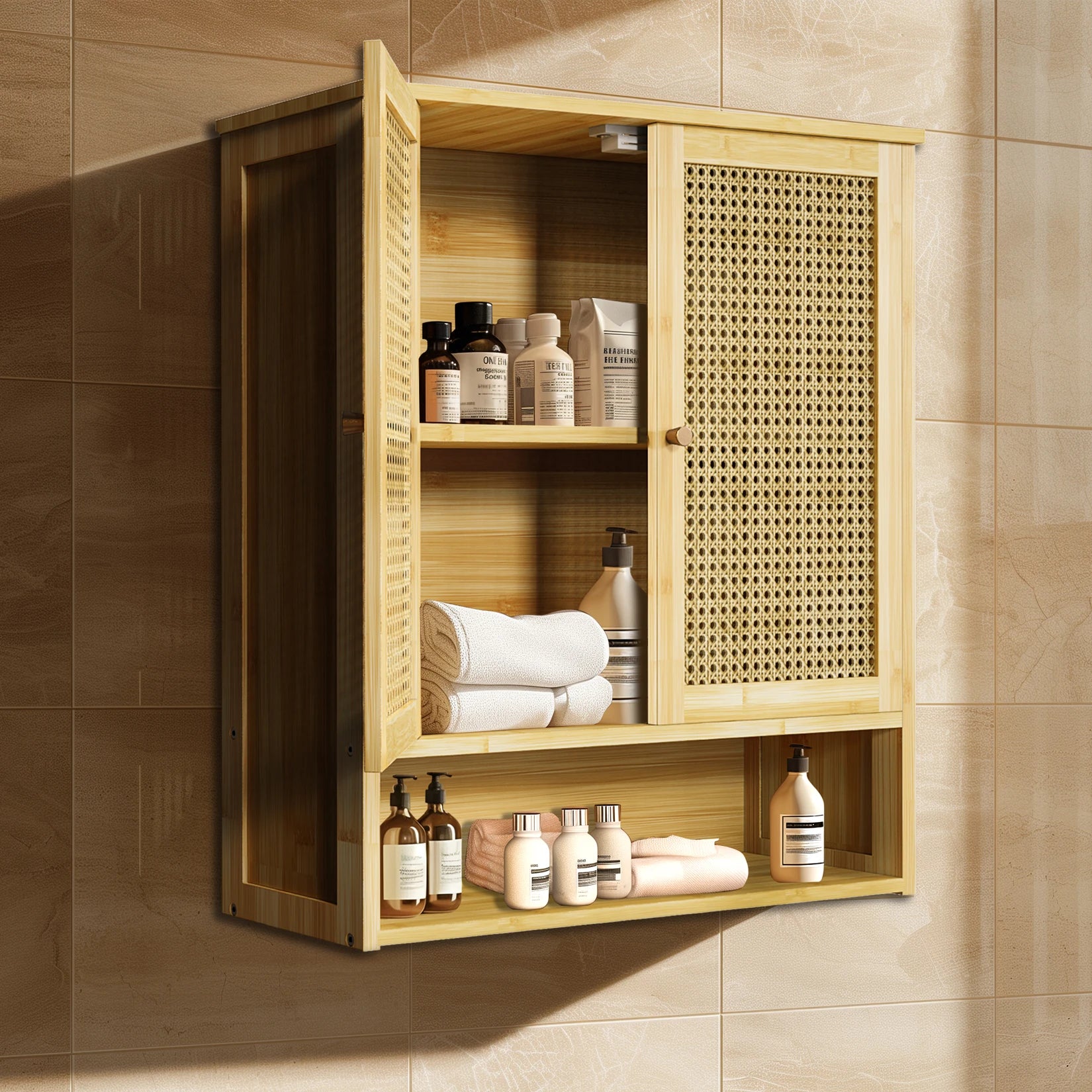 Natural Rattan Wall-Mounted Bathroom Cabinet with Cane Doors and Open Shelf for Bath — 23"H