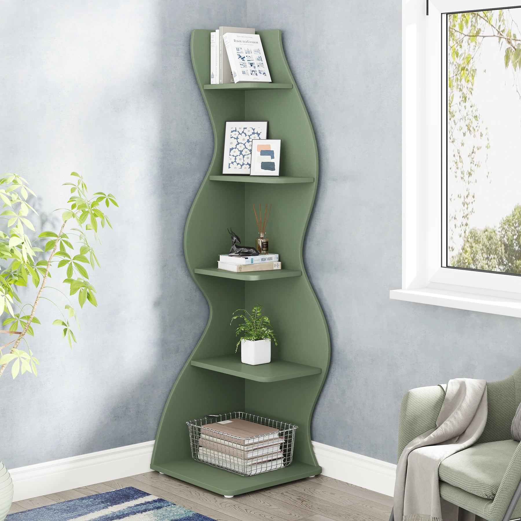 White Wave 5-Tier Corner Bookshelf with Curved Silhouette for Living Room — 65"H Floor Shelf