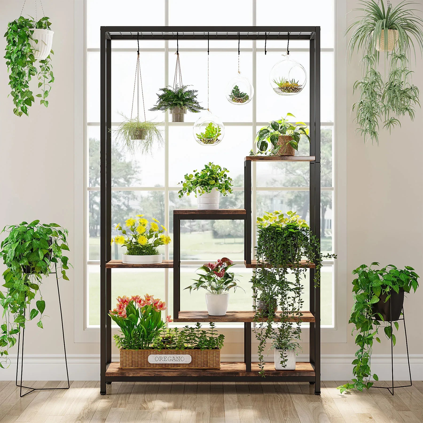 Industrial Metal Plant Stand with Hanging Hooks for Living Room — 5-Tier, 70.9in Tall