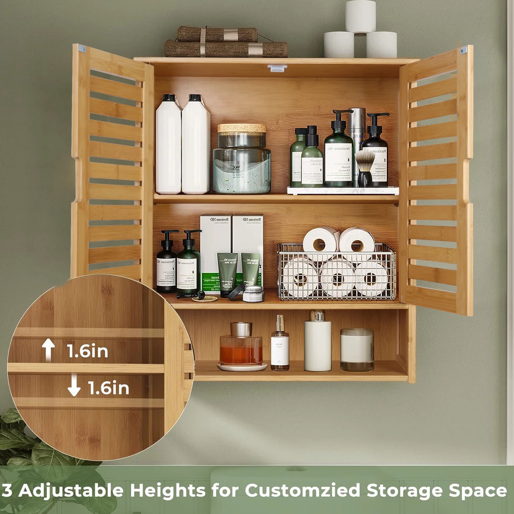 Bamboo Medicine Cabinet with Louvered Doors for Bathroom — 23.6"W Wall-Mounted Storage