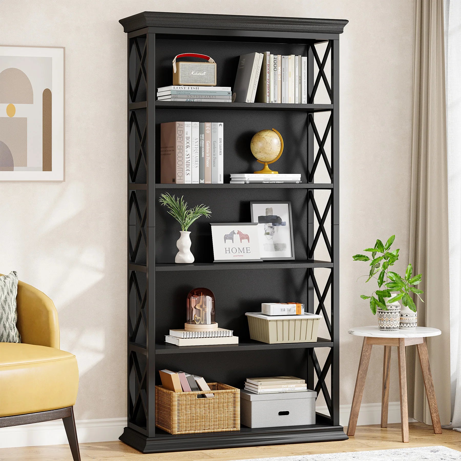 Industrial 6-Tier Bookcase with X-Frame for Living Room — 71in Tall Open Bookshelf