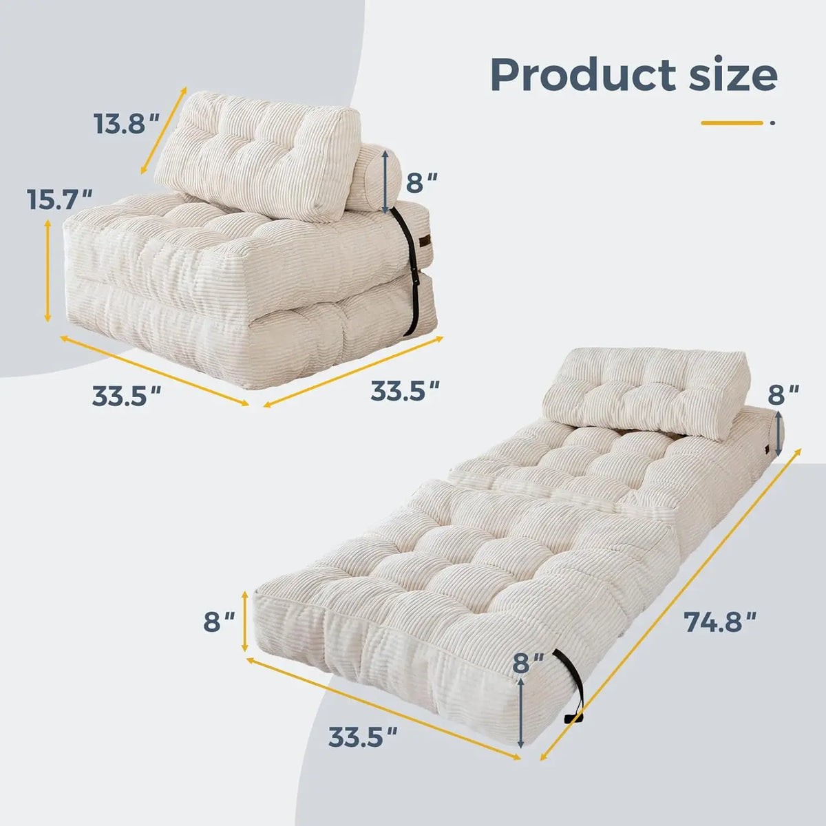 Folding Sofa Bed, Convertible Sleeper Chair with Pillow Foldable Matress, 33.5"x74.8"