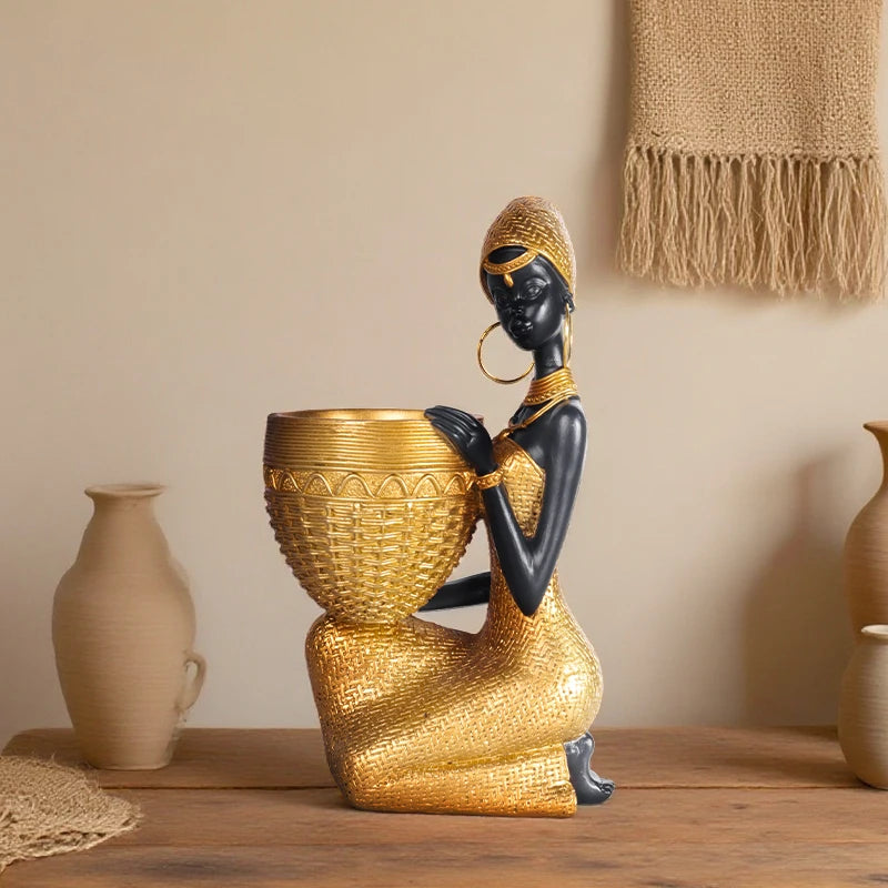 Resin Figurine, African Girl with Storage Tray, Black and Gold