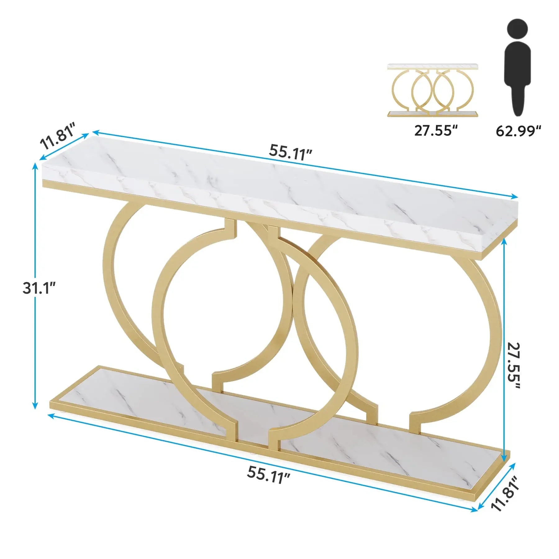 Faux Marble Console Table, 55" Gold Entryway Table — Narrow Sofa Table for Living Room & Hallway