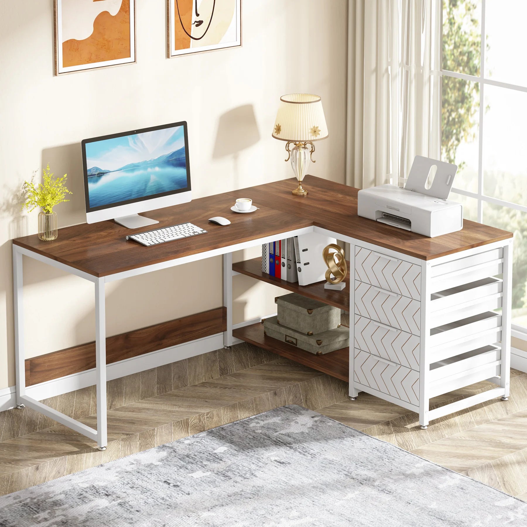 Rustic Wood L-Shaped Desk with Storage Drawers and Shelves for Home Office — 59in Reversible Corner Desk
