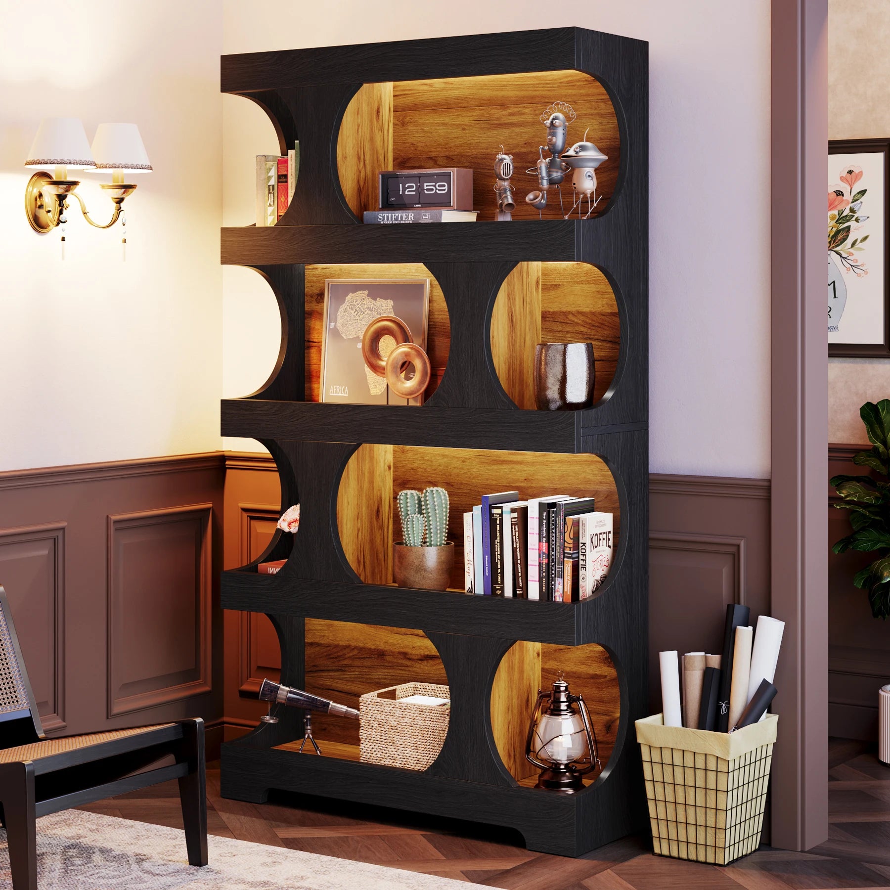 Two-Tone Curved Bookcase with Sculptural Cutout Shelves for Living Room — 71" Tall, 4 Tiers