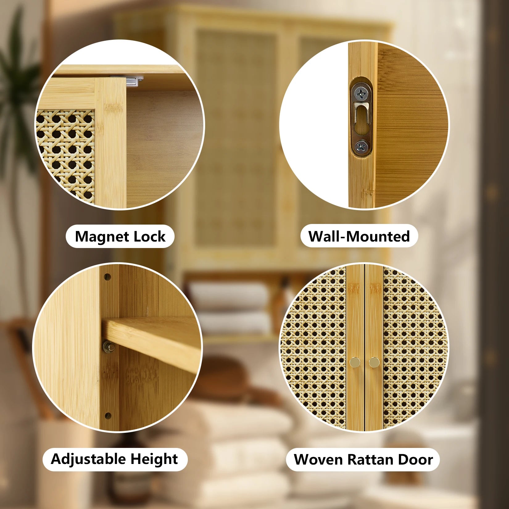 Natural Rattan Wall-Mounted Bathroom Cabinet with Cane Doors and Open Shelf for Bath — 23"H