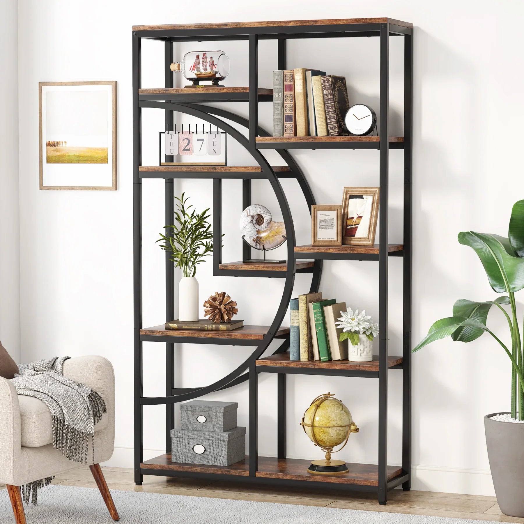 Industrial Etagere Bookcase with Curved Arc for Living Room — 71" Tall Freestanding