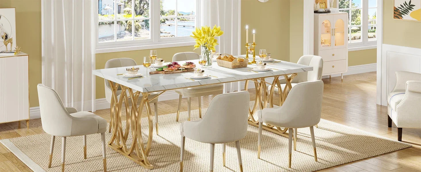 Faux Marble Dining Table with Gold Base for 4-6 People — 63"