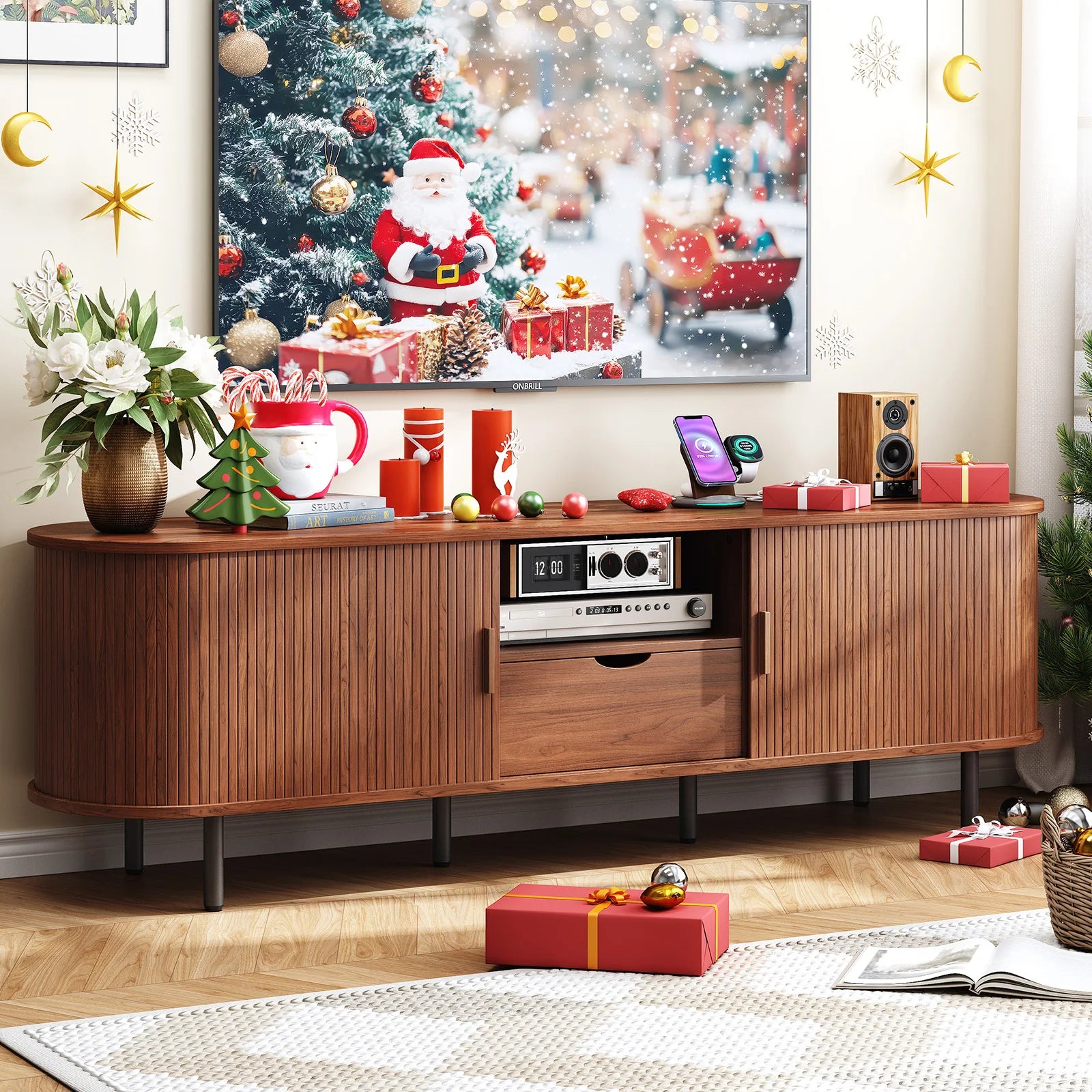 Mid-Century TV Stand for 80" TV — Fluted Walnut Media Console with Storage & Sliding Doors