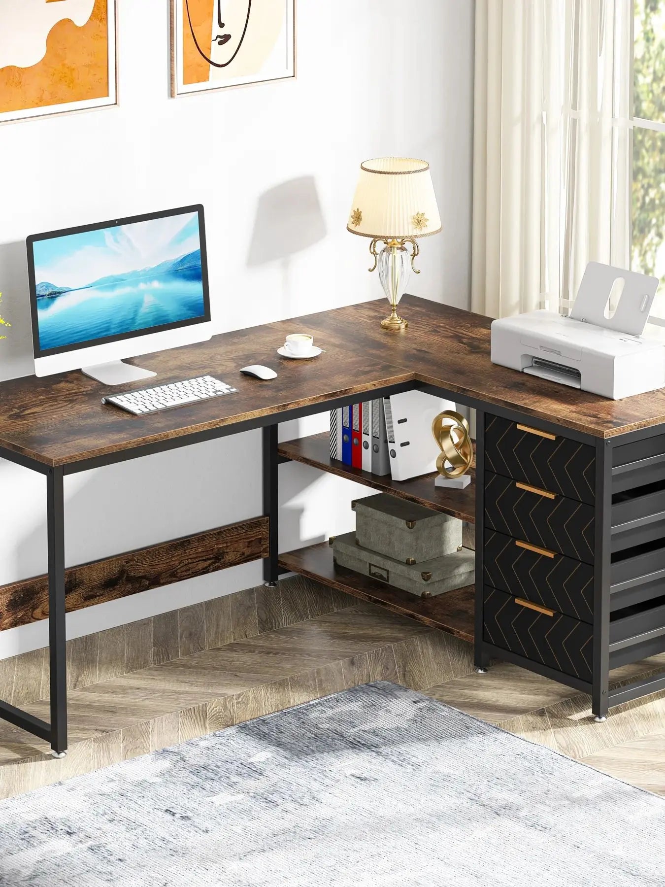 Rustic Wood L-Shaped Desk with Storage Drawers and Shelves for Home Office — 59in Reversible Corner Desk