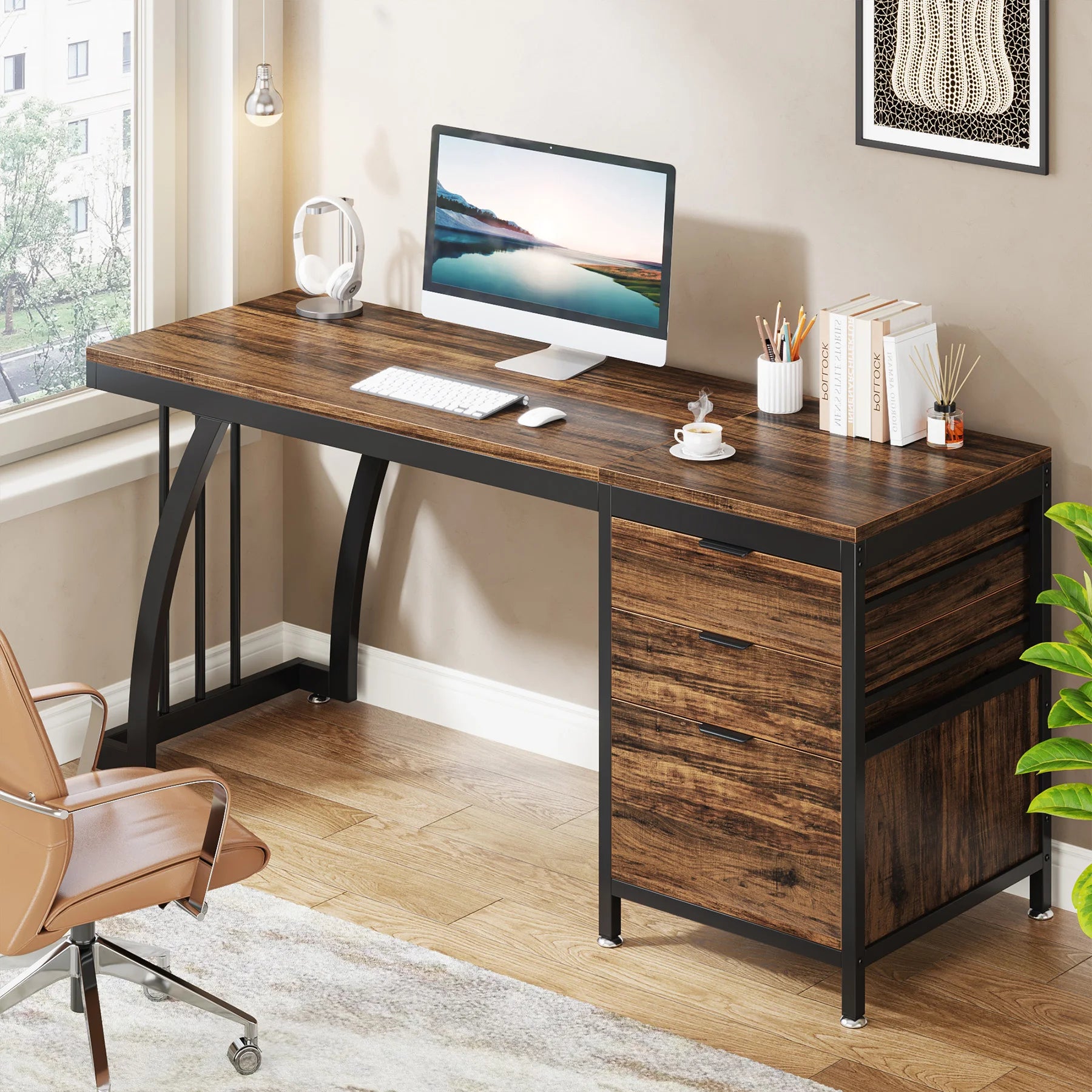 Industrial Computer Desk with 3 Drawers for Home Office — 59in Writing Table