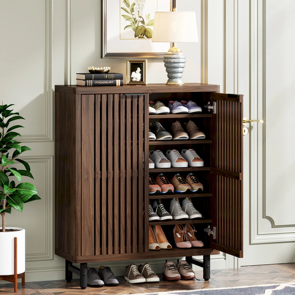 Shoe Cabinet, 6-Tier Louvered Doors, 33.46" W x 43.31" H