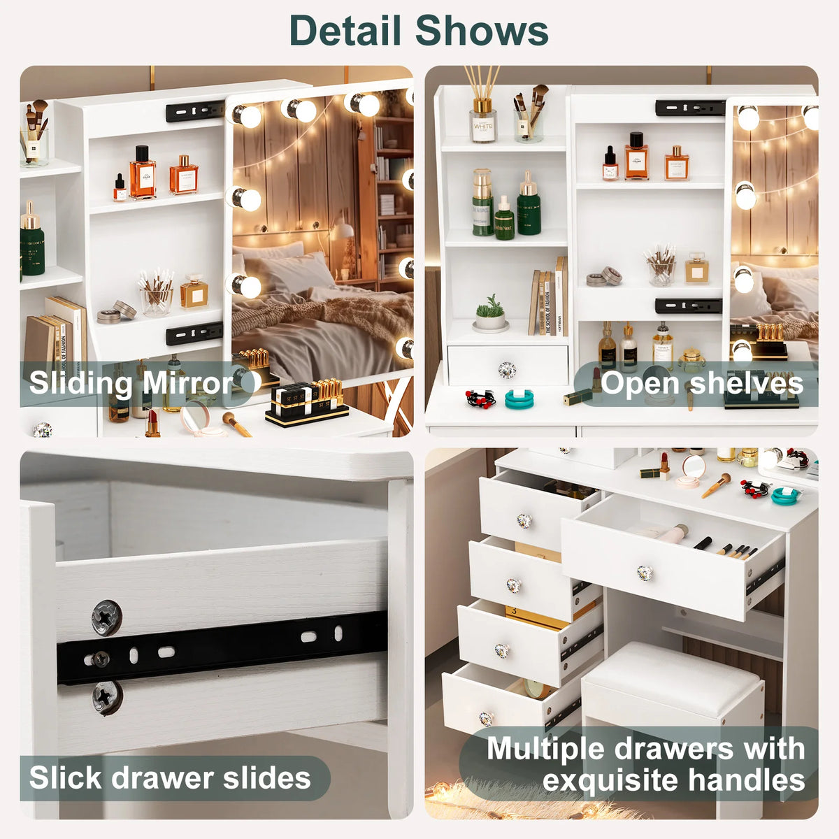 Makeup Vanity, 31.5" White LED Set, Sliding Mirror, 6 Drawers