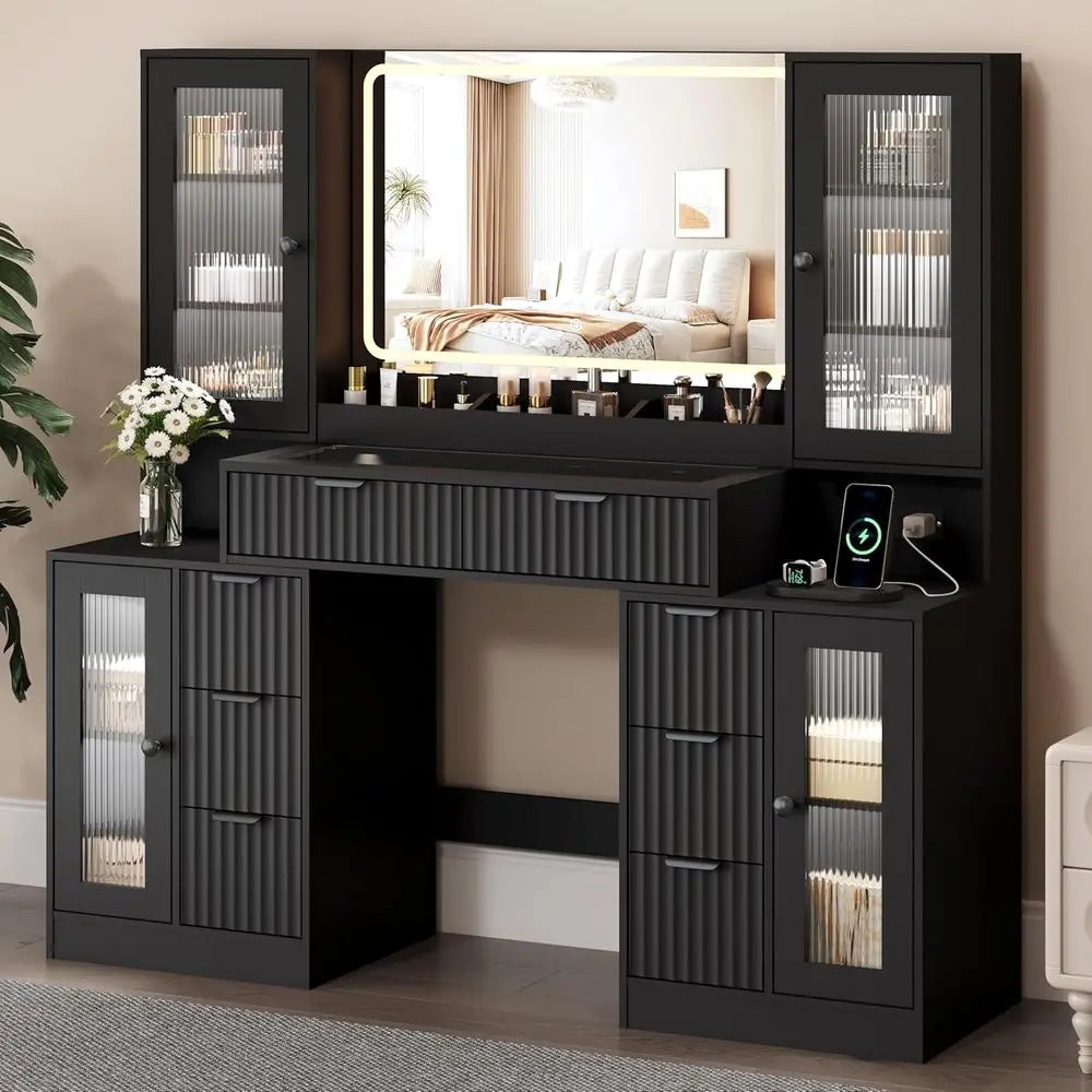 LED Makeup Vanity Desk with Mirror & Charging Station — 8 Drawers, Glass Cabinets, Matte Black