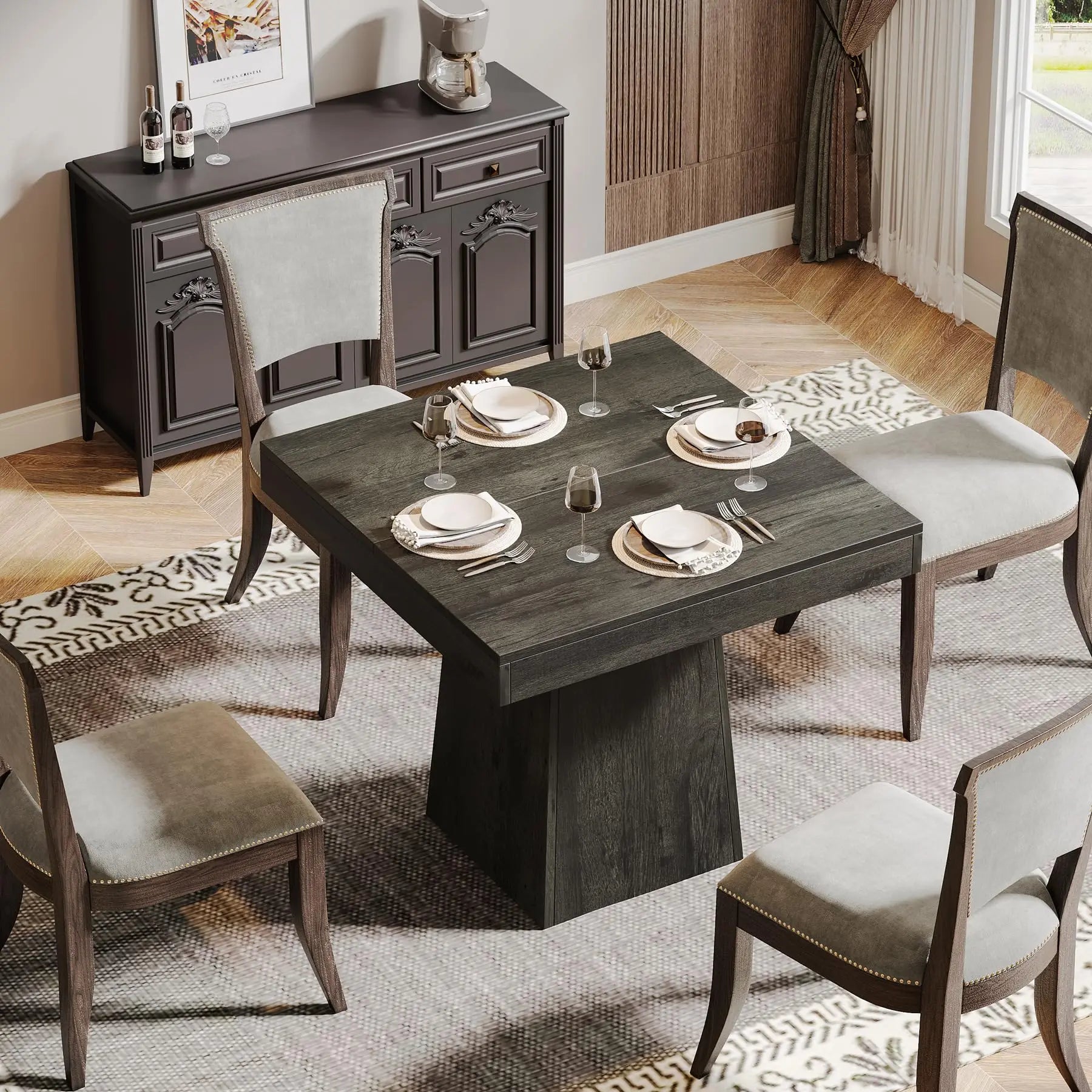 Farmhouse Square Dining Table with Pedestal Base for 4 — 31.5" Charcoal Wood