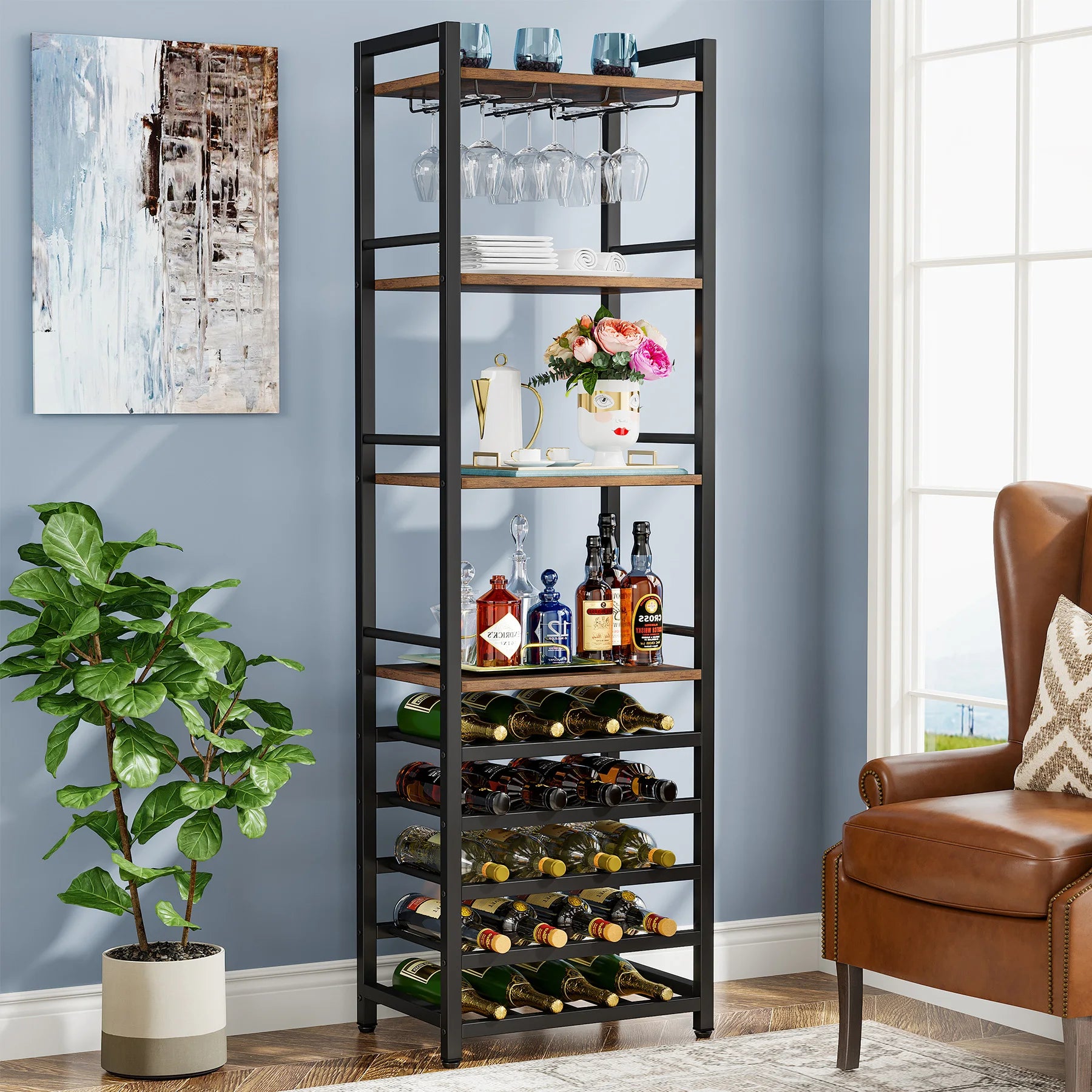 Industrial Wine Bakers Rack, 20-Bottle Freestanding Wine Rack with Glass Holder & Storage Shelves