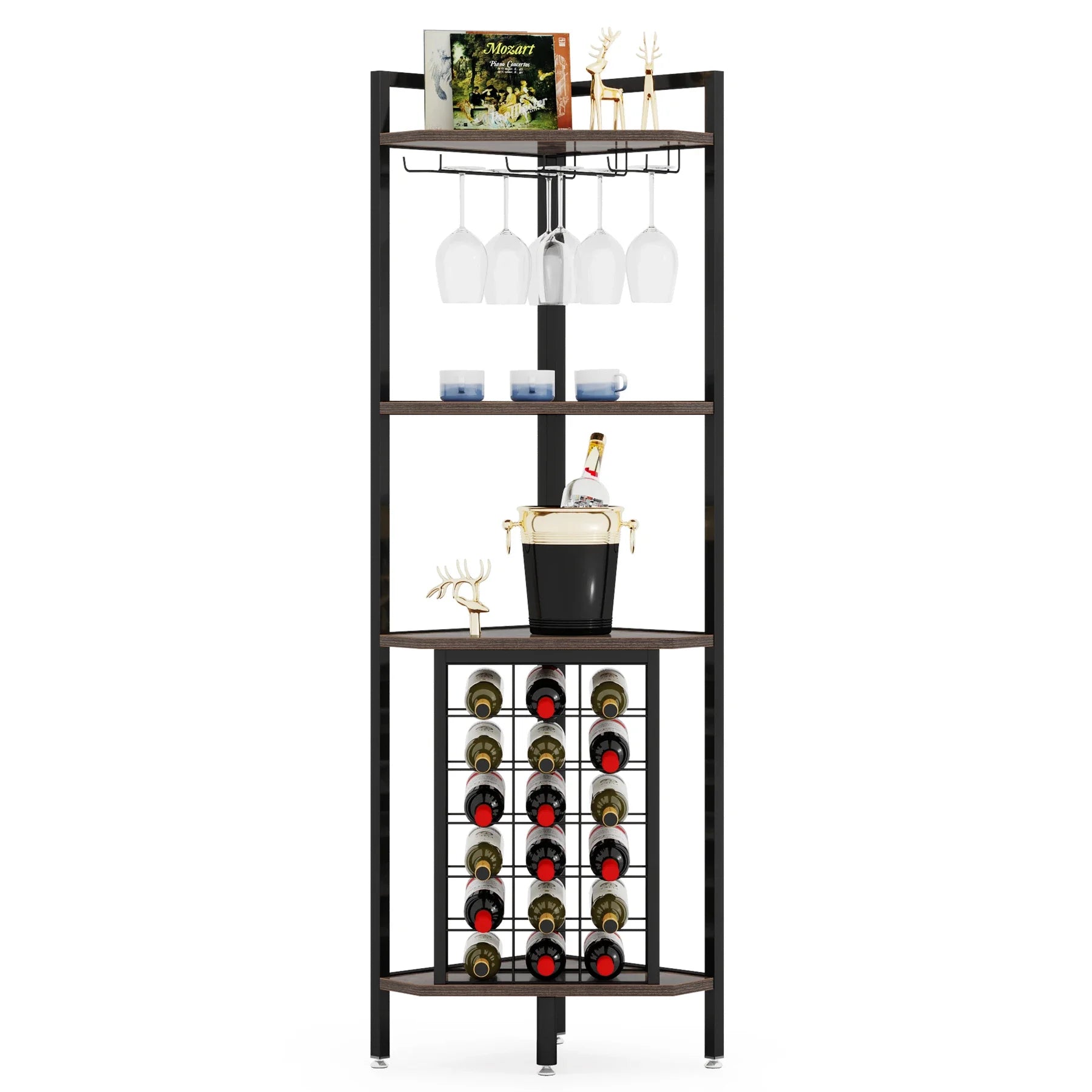 Rustic Corner Wine Rack Bar Cabinet with Glass Holder for Living Room — 63" Tall, 4-Tier