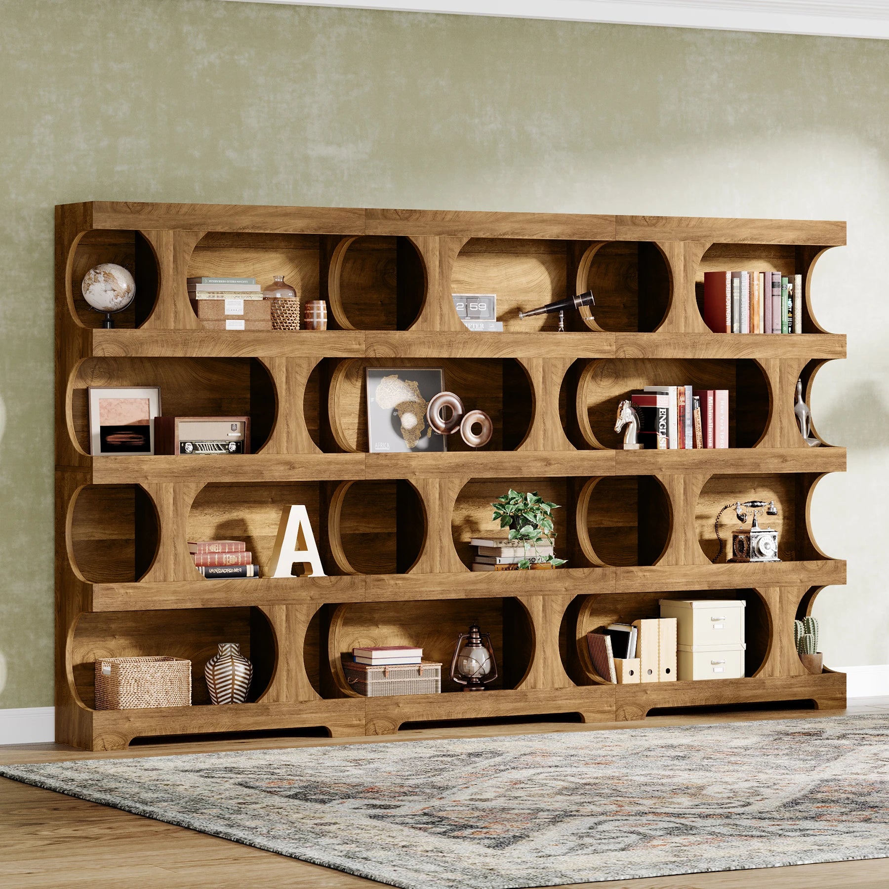 Two-Tone Curved Bookcase with Sculptural Cutout Shelves for Living Room — 71" Tall, 4 Tiers