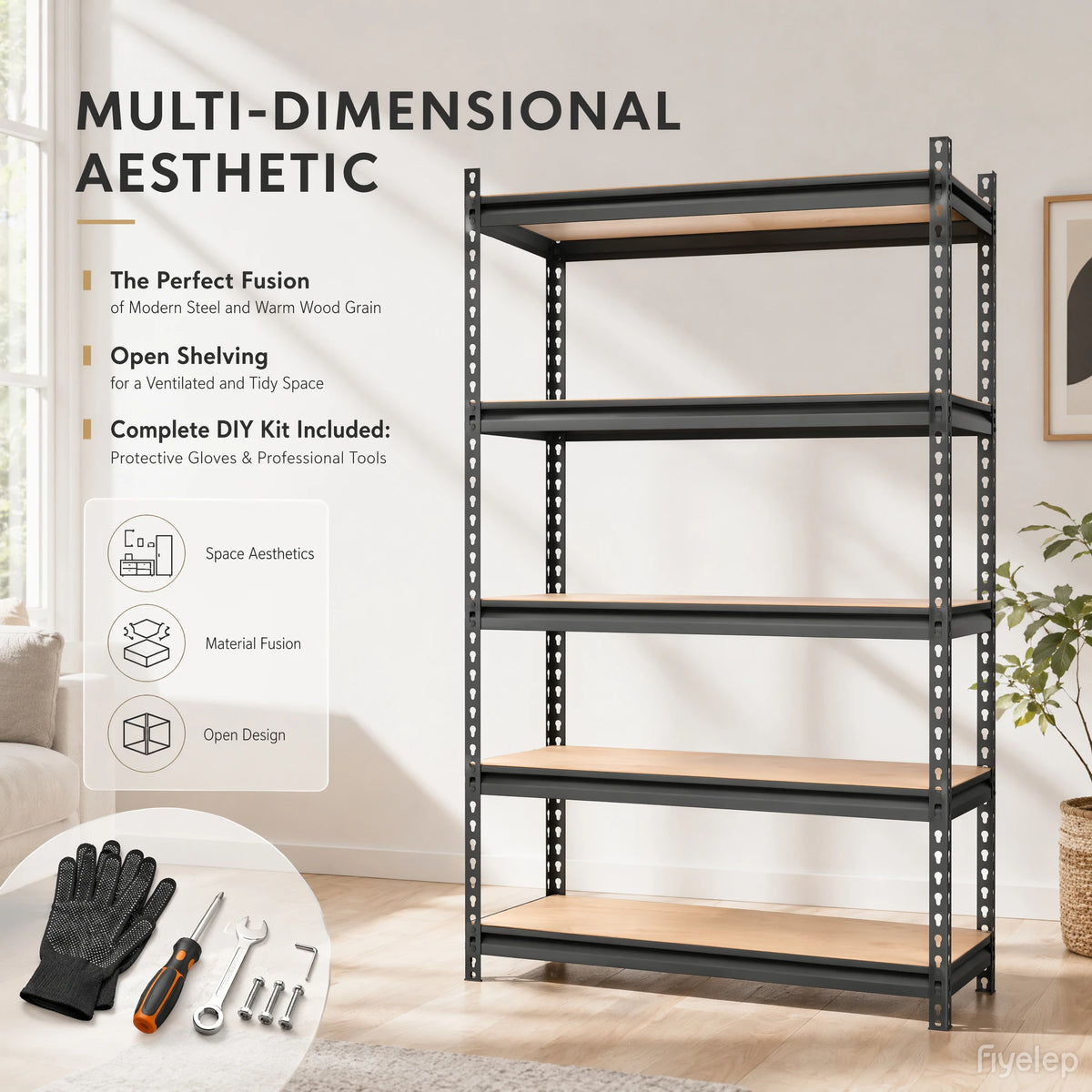 Garage Shelving, 5-Tier Metal Rack with MDF Shelves, 72" Tall