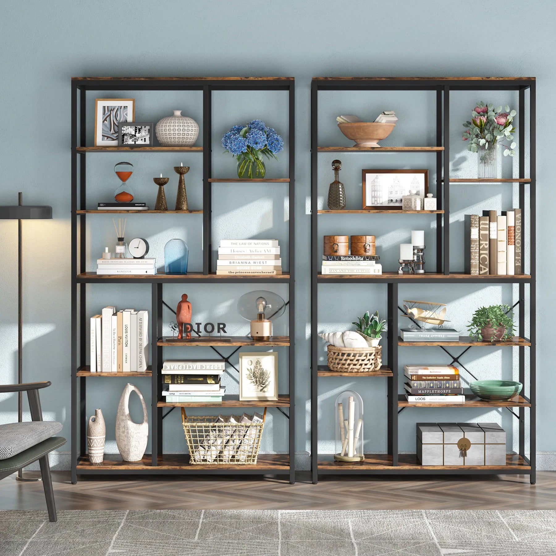Industrial Bookcase with Open Shelves for Living Room — 79in 9-Tier Etagere