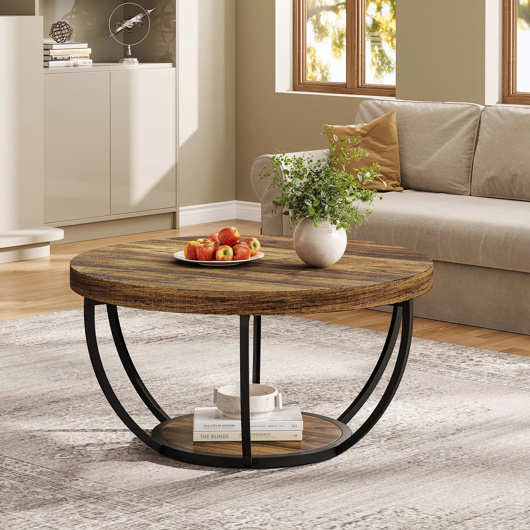 Round Industrial Coffee Table with Storage Shelf for Living Room — 31.7" Oak