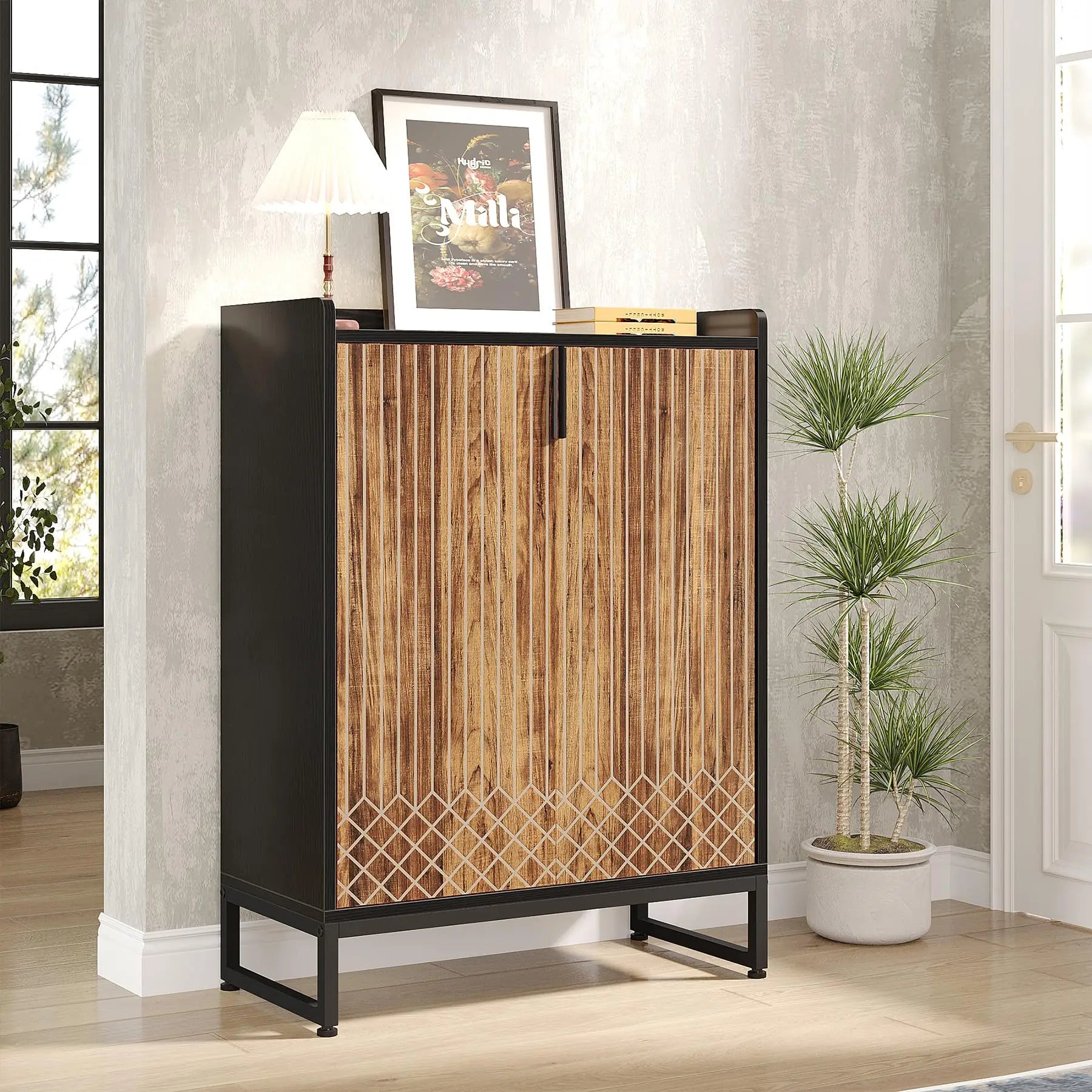 White Gold-Accent Shoe Cabinet with Doors for Entryway — 5-Tier Storage