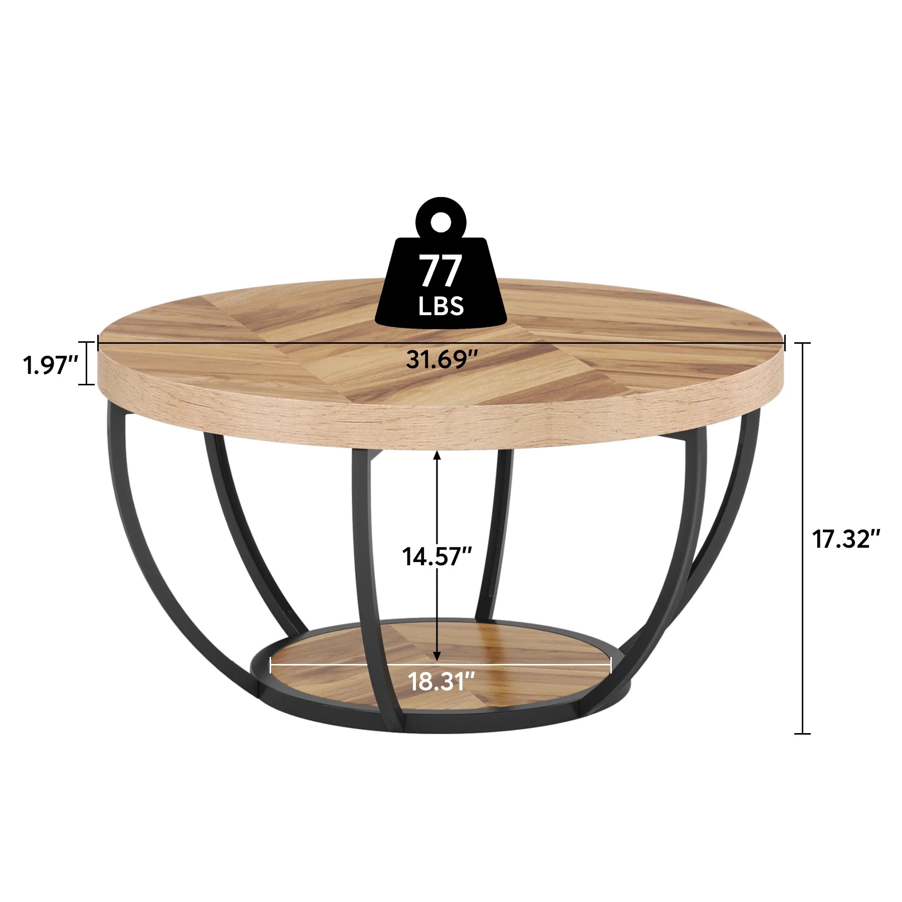 Round Industrial Coffee Table with Storage Shelf for Living Room — 31.7" Oak
