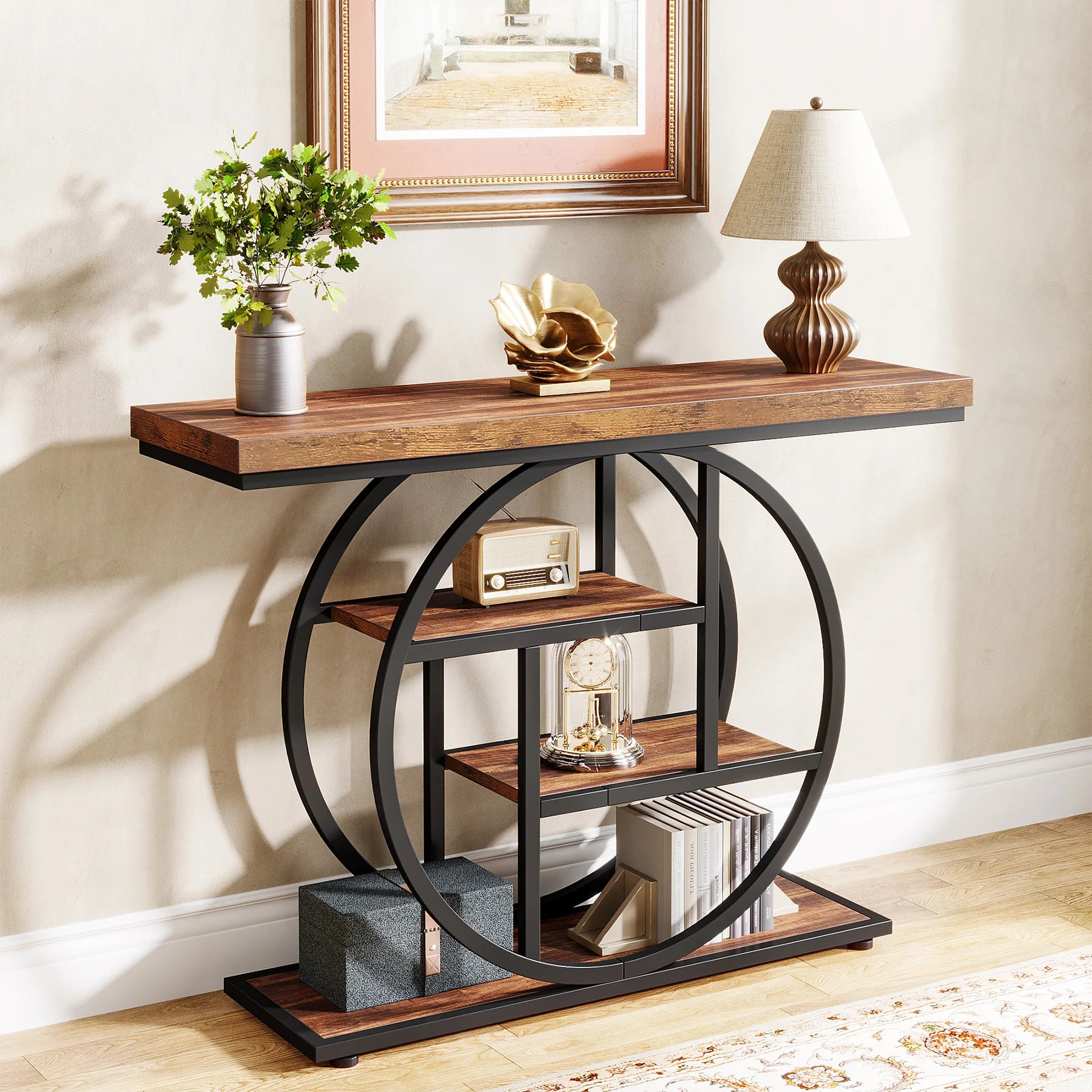 Rustic Wood 4-Tier Console Table with Round Metal Frame for Entryway — 41.3in