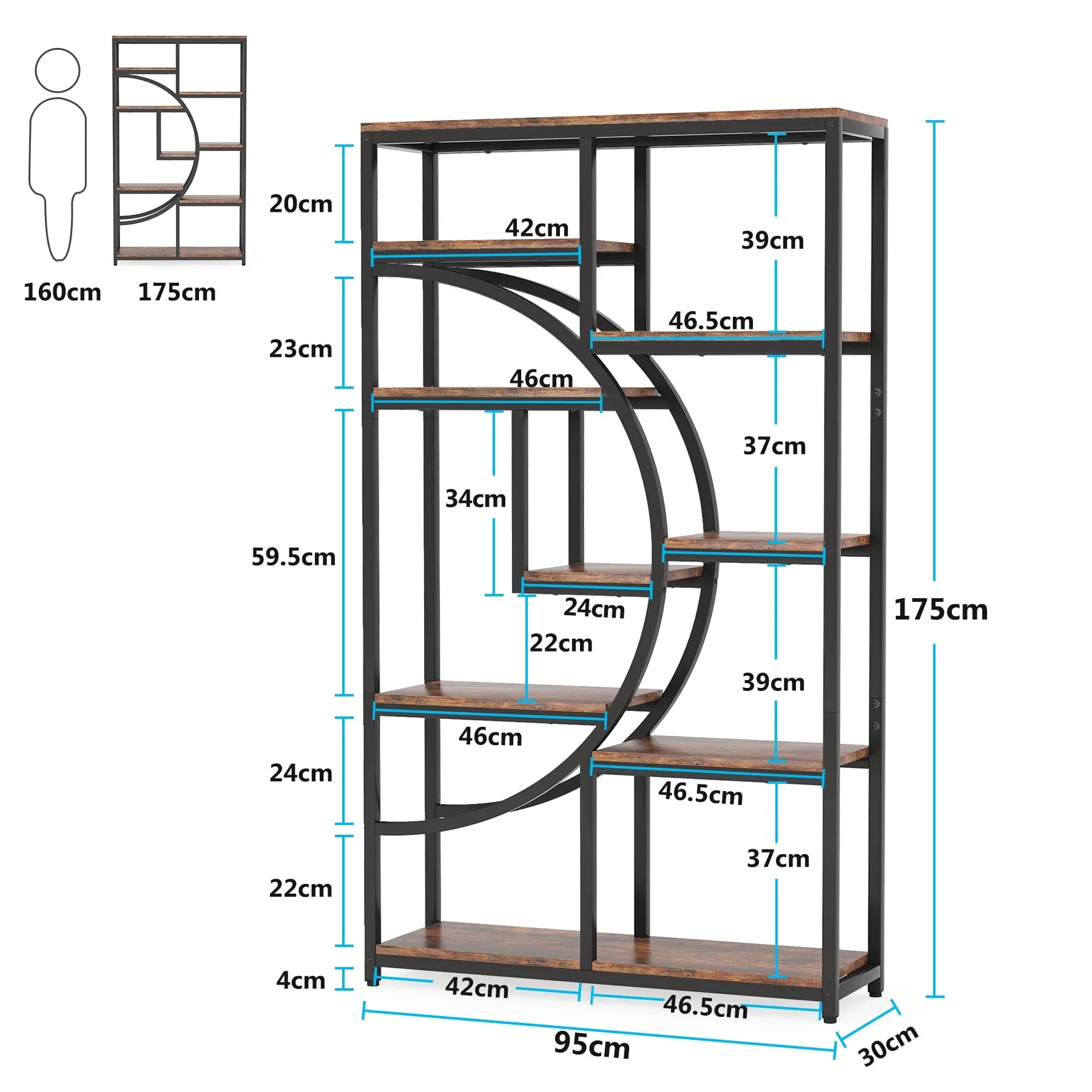 Industrial Etagere Bookcase with Curved Arc for Living Room — 71" Tall Freestanding