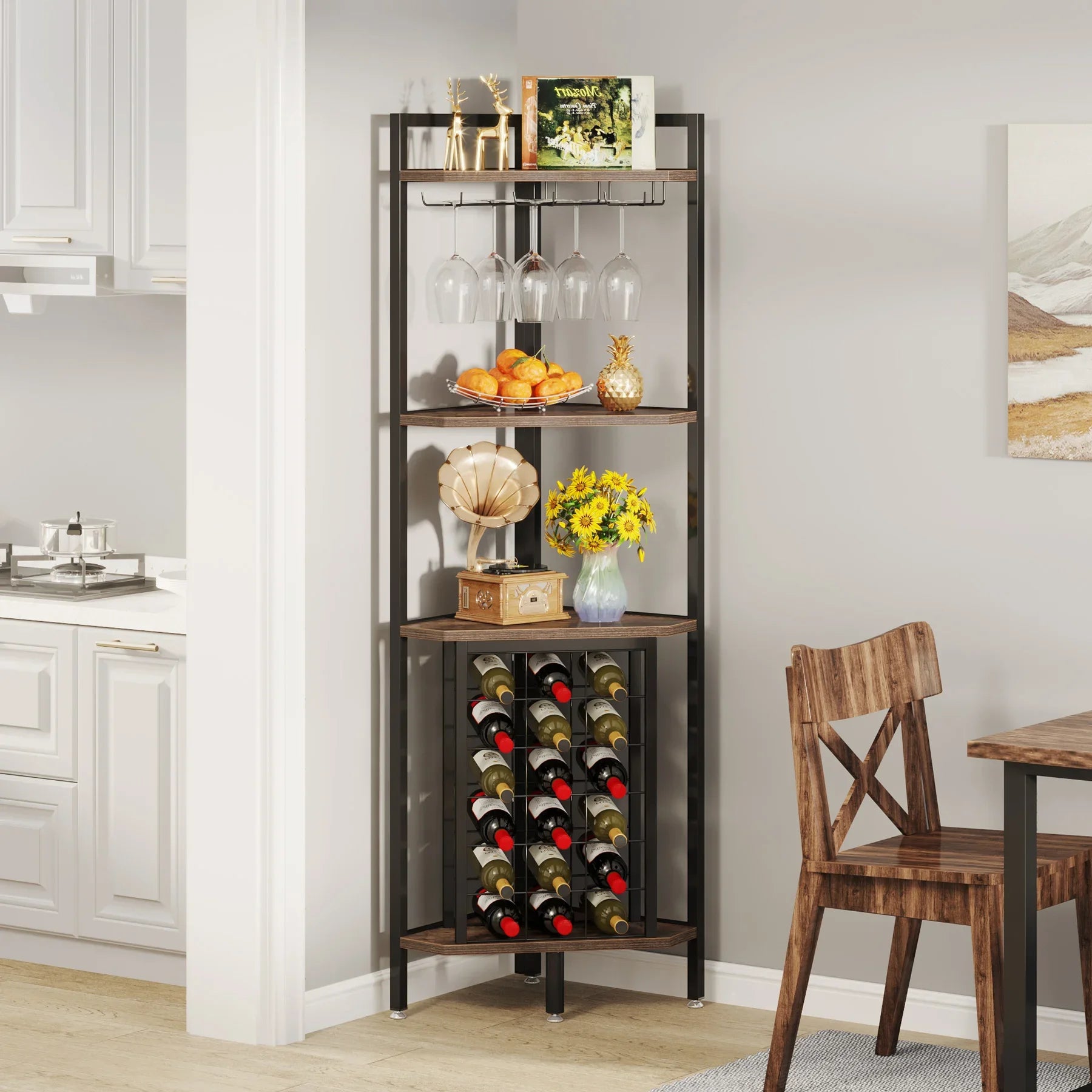 Rustic Corner Wine Rack Bar Cabinet with Glass Holder for Living Room — 63" Tall, 4-Tier